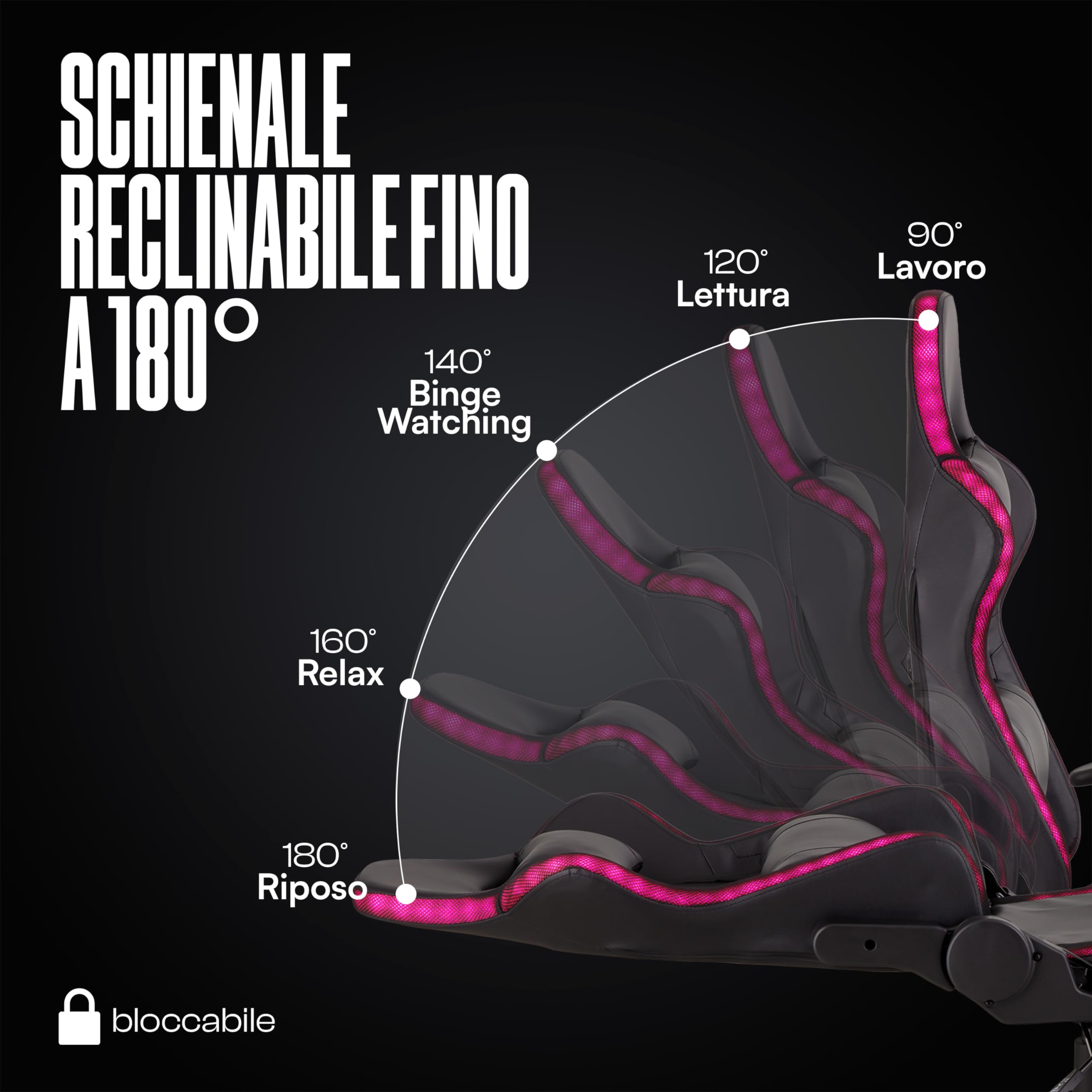 Baroni Home Sedia Gaming LED Nera Reclinabile 180°