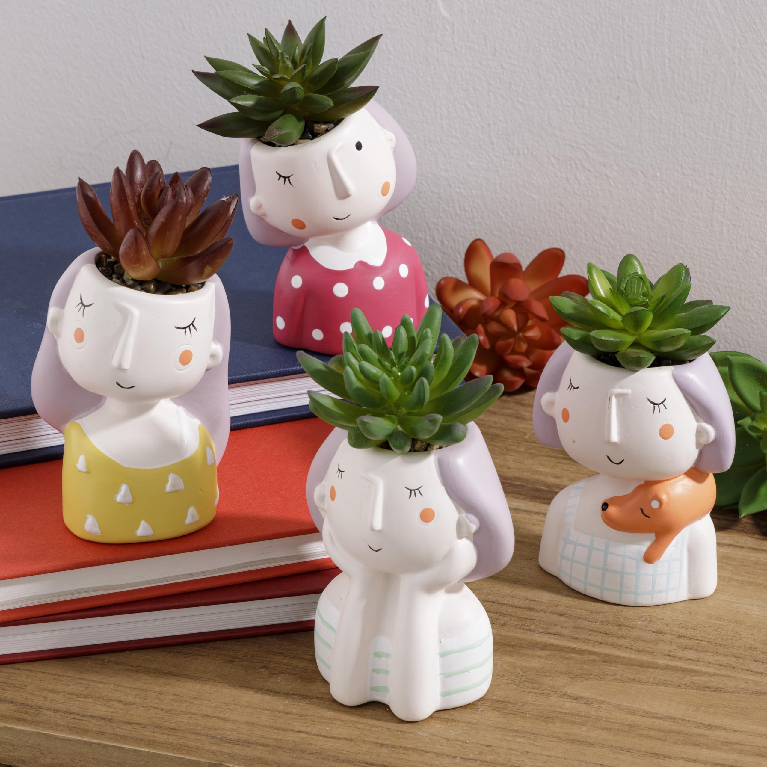 Baroni Set 4 Vasetti Testa Ceramica con Piantina 8x7x14 cm