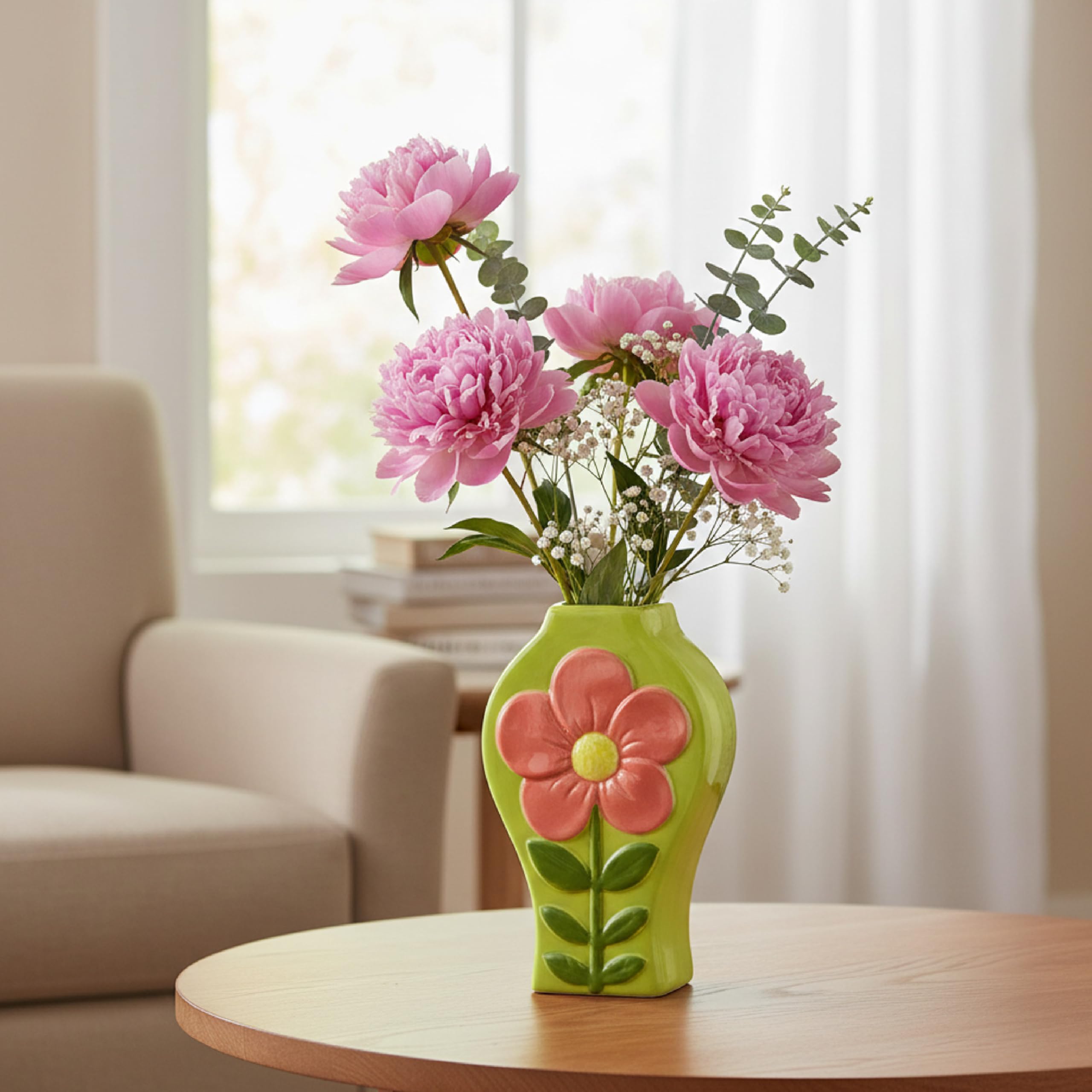 Baroni Home Vaso Ceramica Verde Fiore Arancione 12x6x18,5 cm