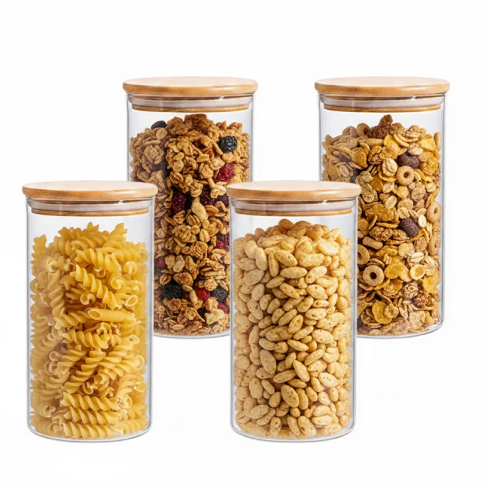 Baroni Home Set 4 Barattoli Vetro 1,2 L con Tappo Bamboo 20 cm
