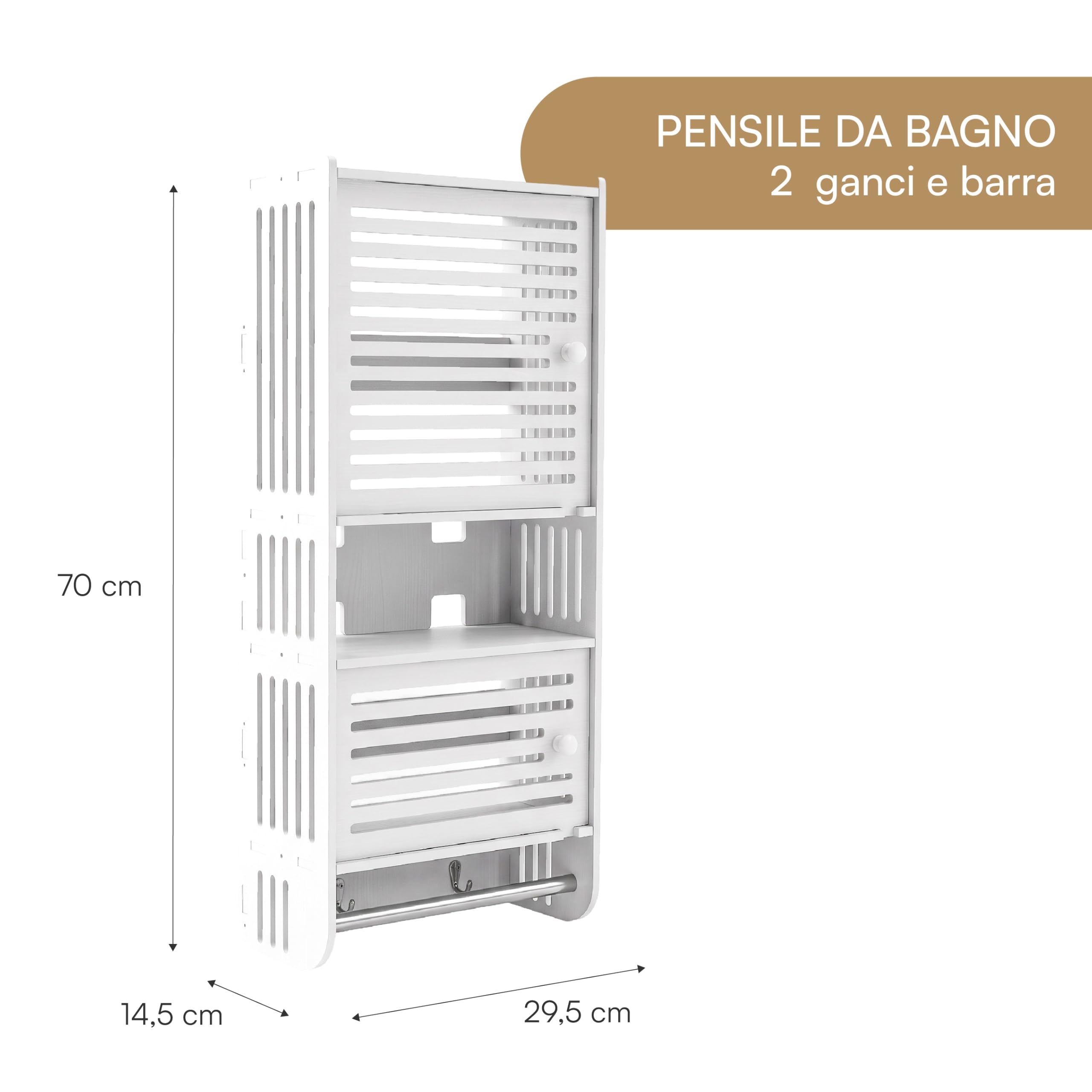 Baroni Home Pensile Bagno 2 Ante Bianco 14,5x29,5x70 cm Parete