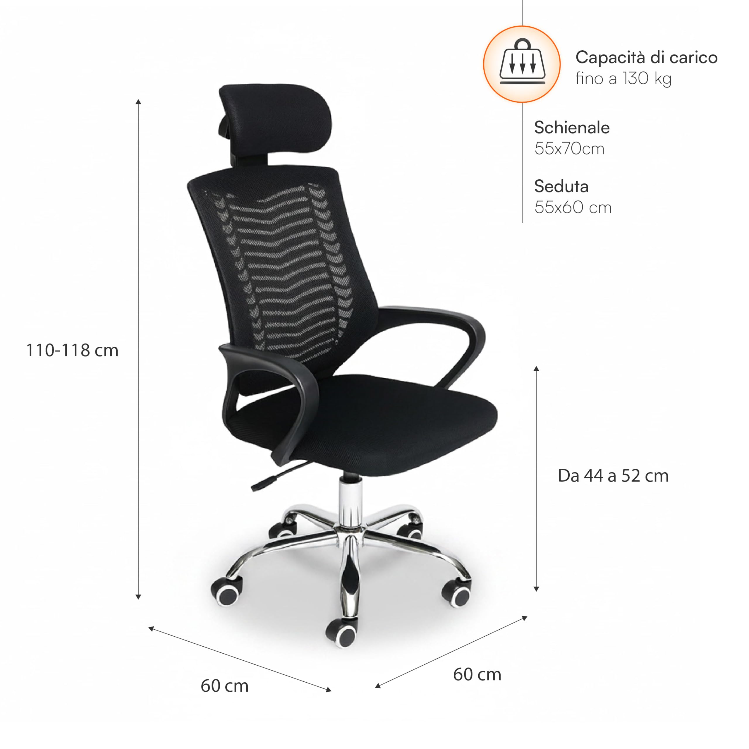 Baroni Home Sedia Ufficio Ergonomica Nera Braccioli Pieghevoli