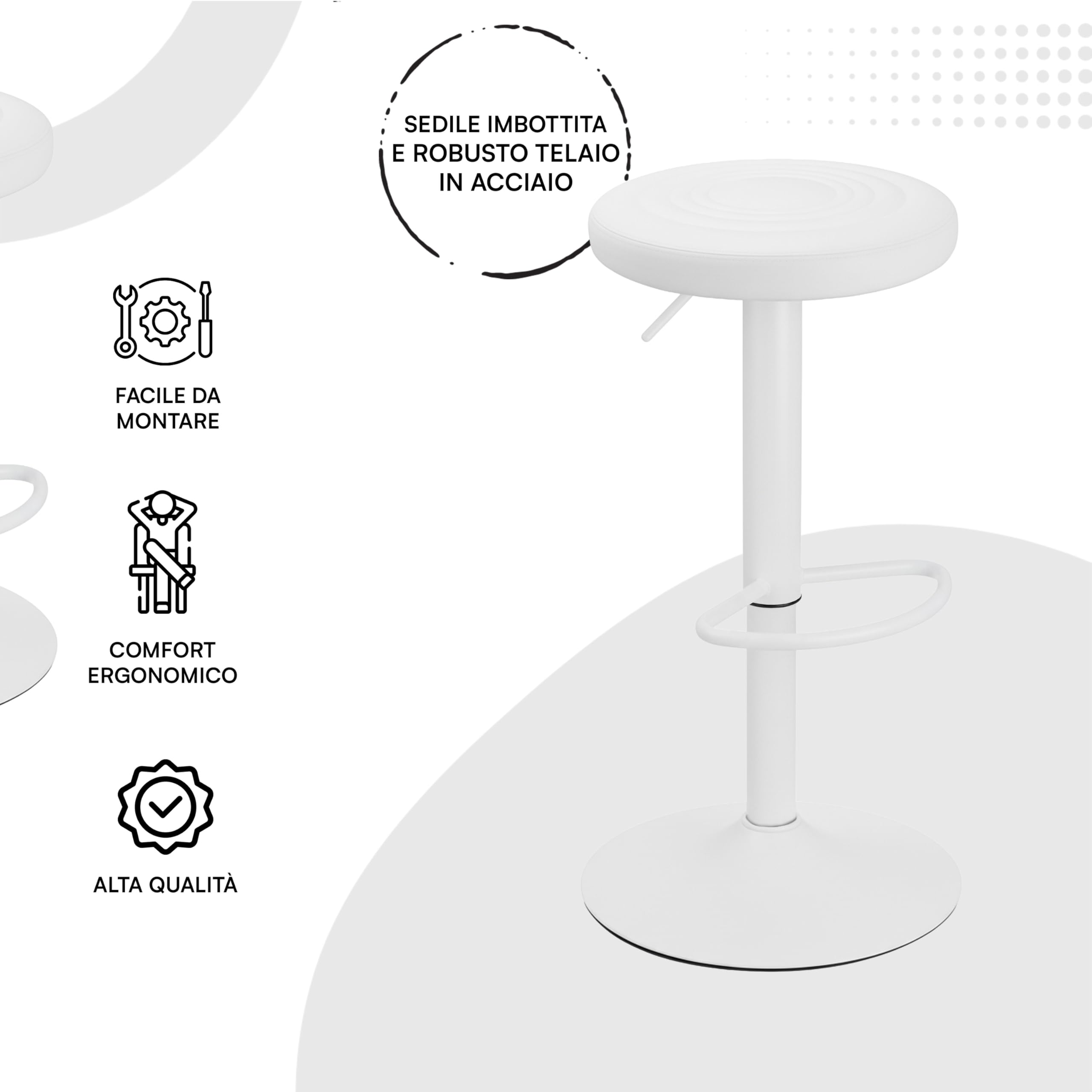 Baroni Home Sgabello Girevole Bianco 1 Pezzo Regolabile Ecopelle