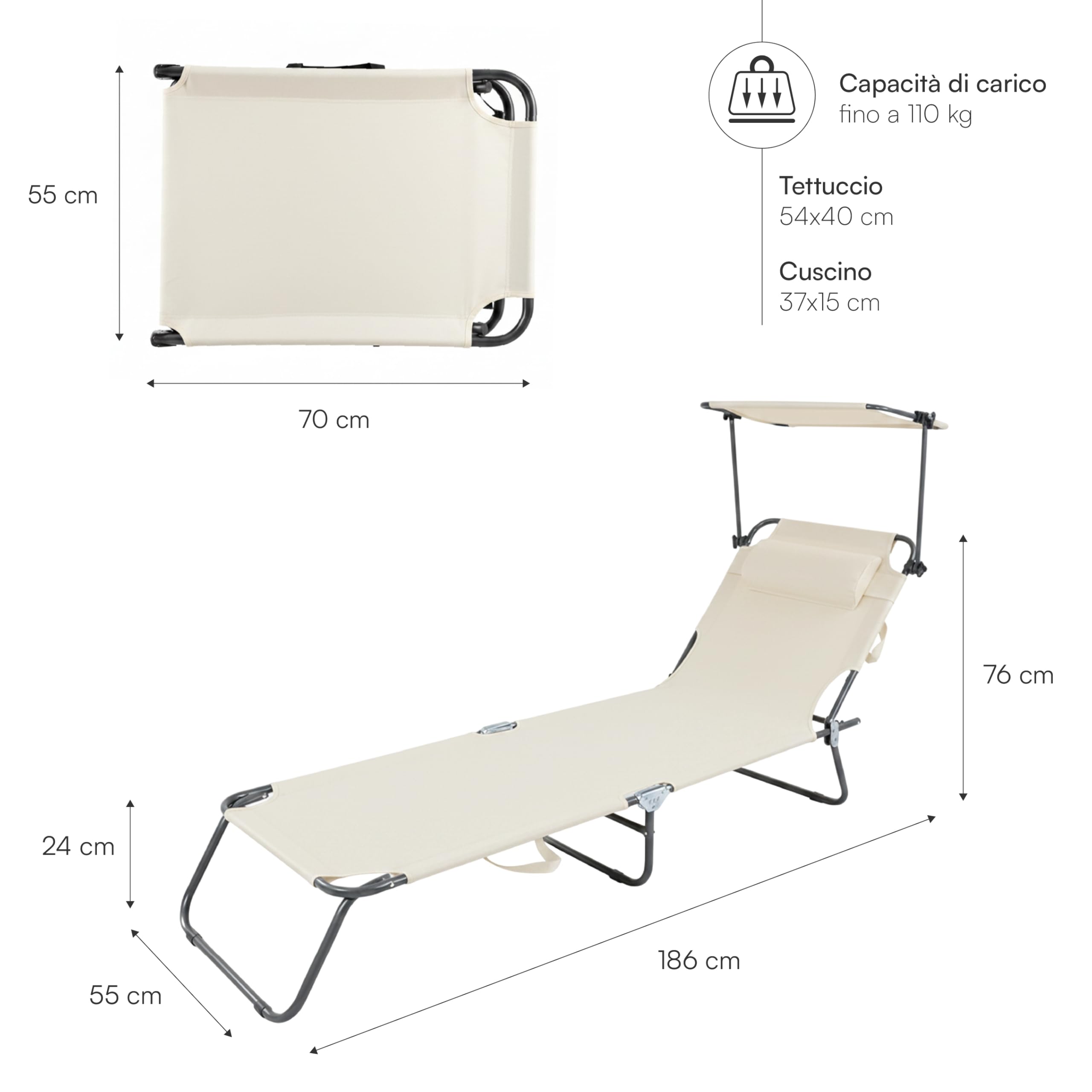 Baroni Home sdraio pieghevole panna 186x55x24 cm parasole