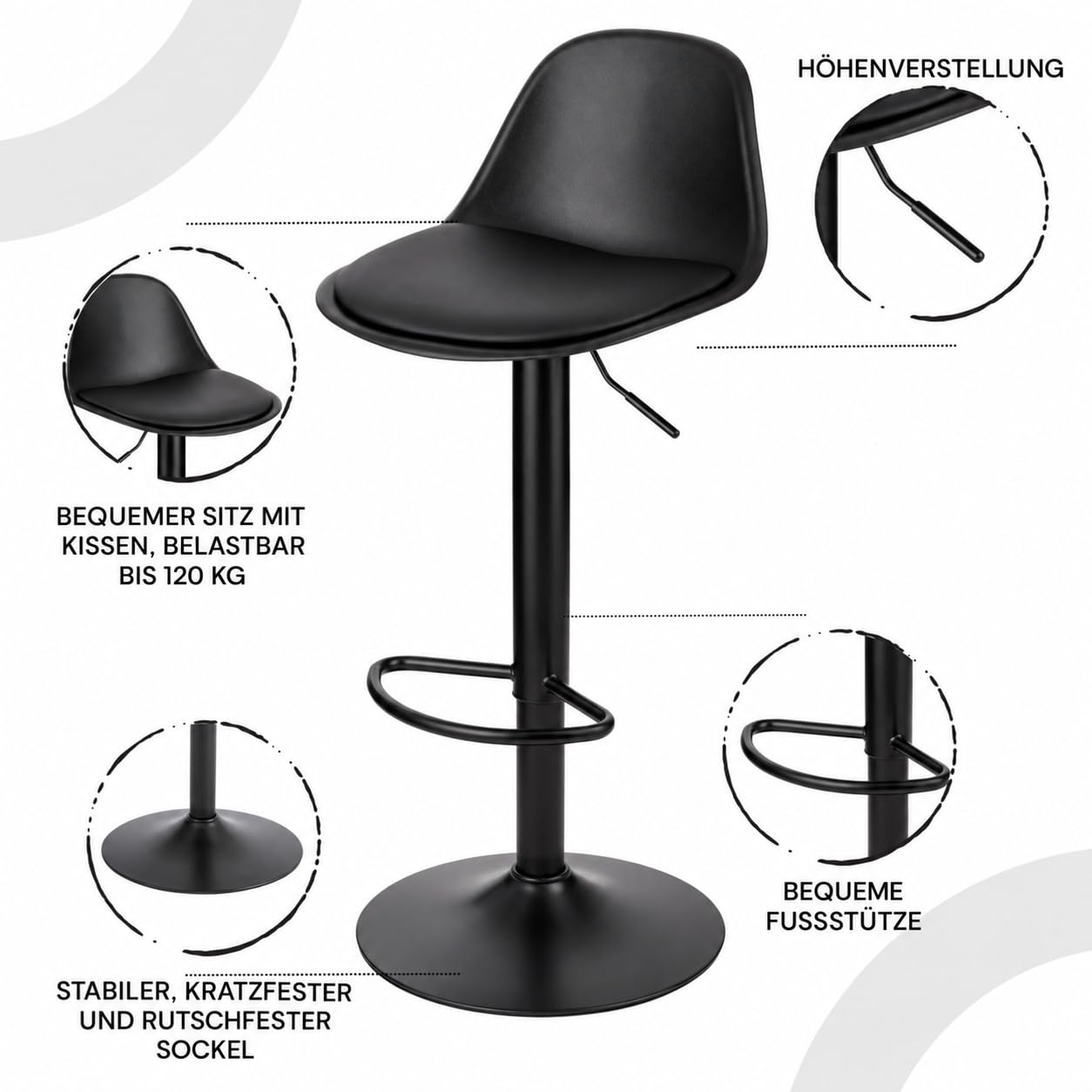 Baroni Home Sgabello Girevole Nero 1 Pezzo Altezza Regolabile