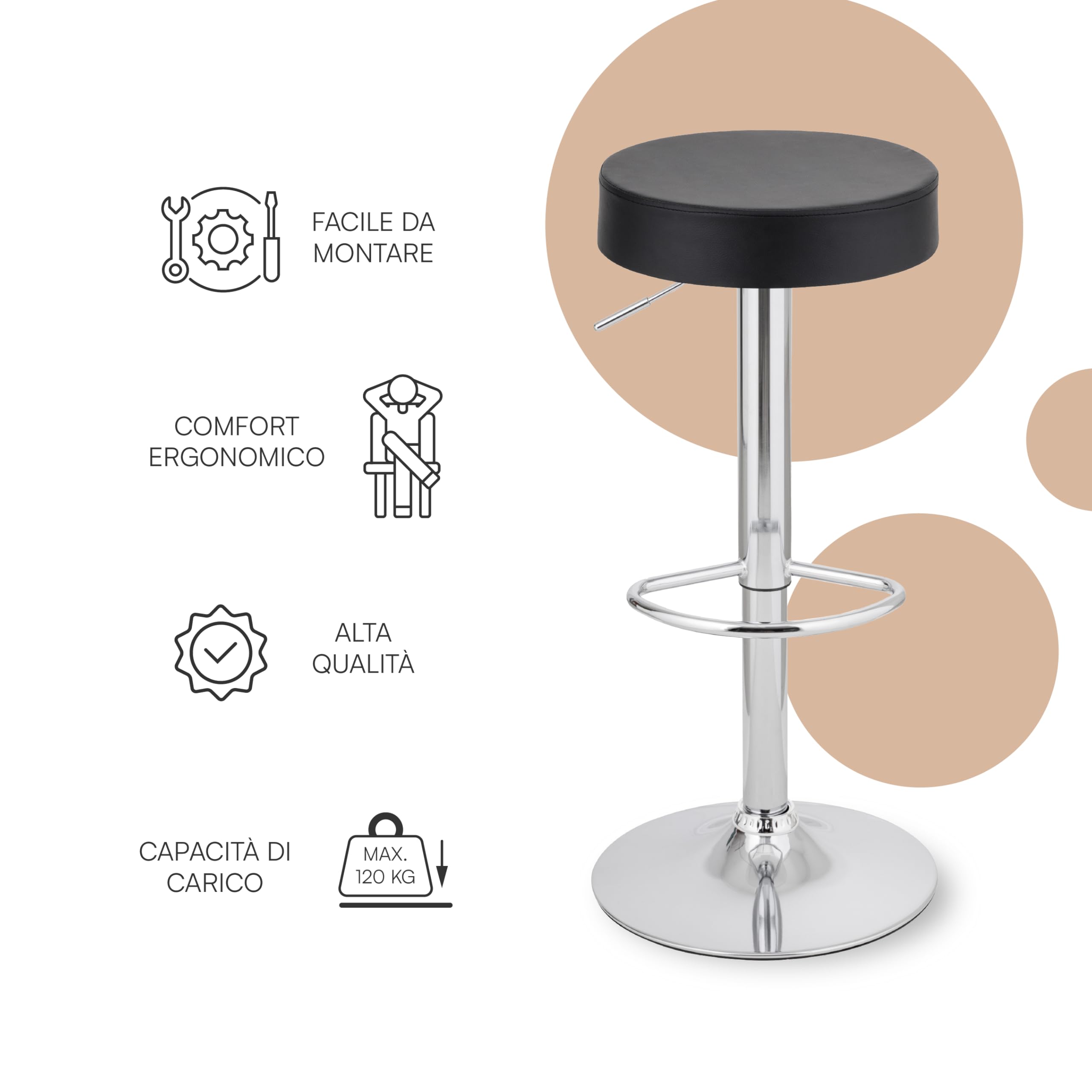 Baroni Home Sgabello Bar Girevole Nero 59-79 cm 1 Pezzo