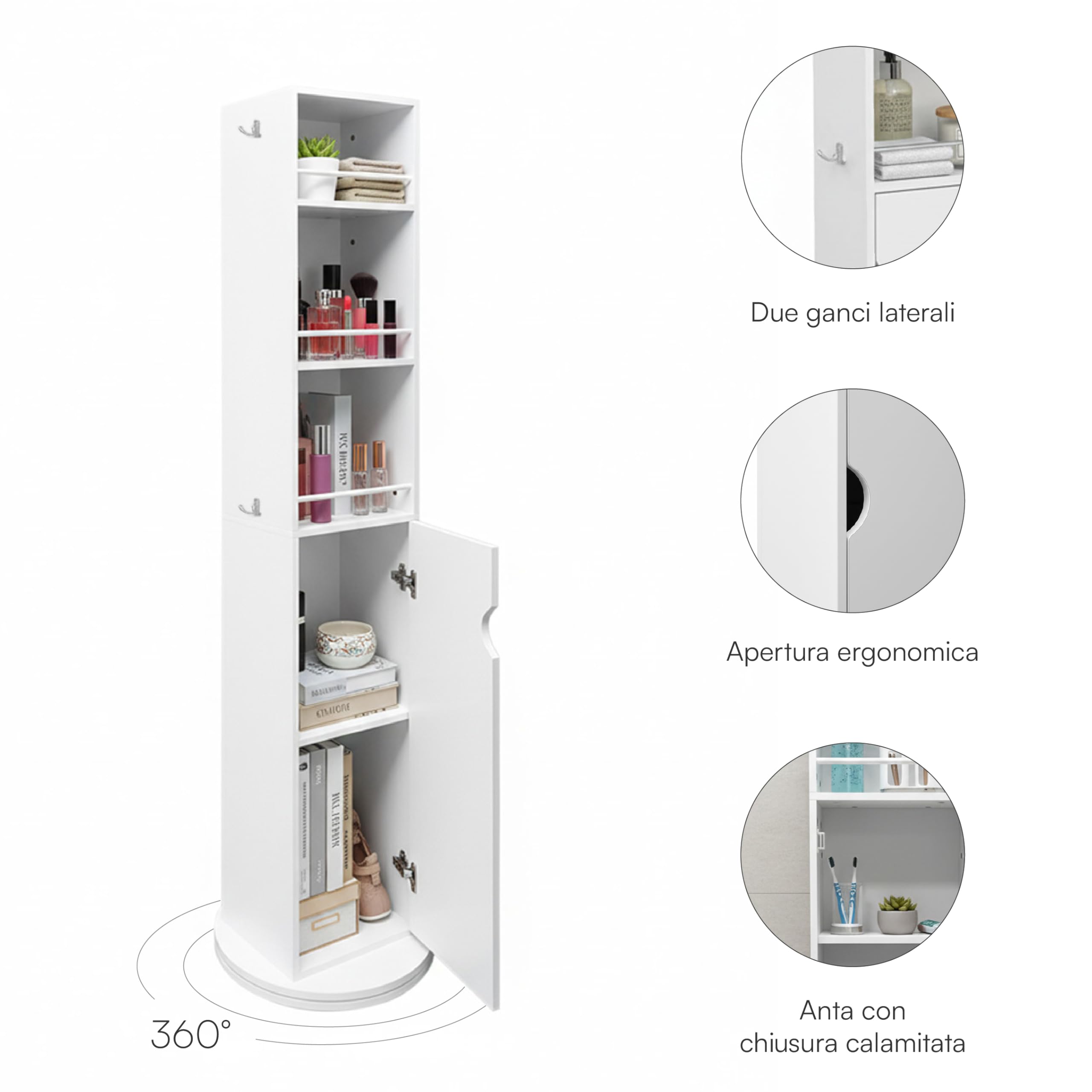 Baroni Home Specchio Girevole Colonnina Mobile Bianco 169 cm