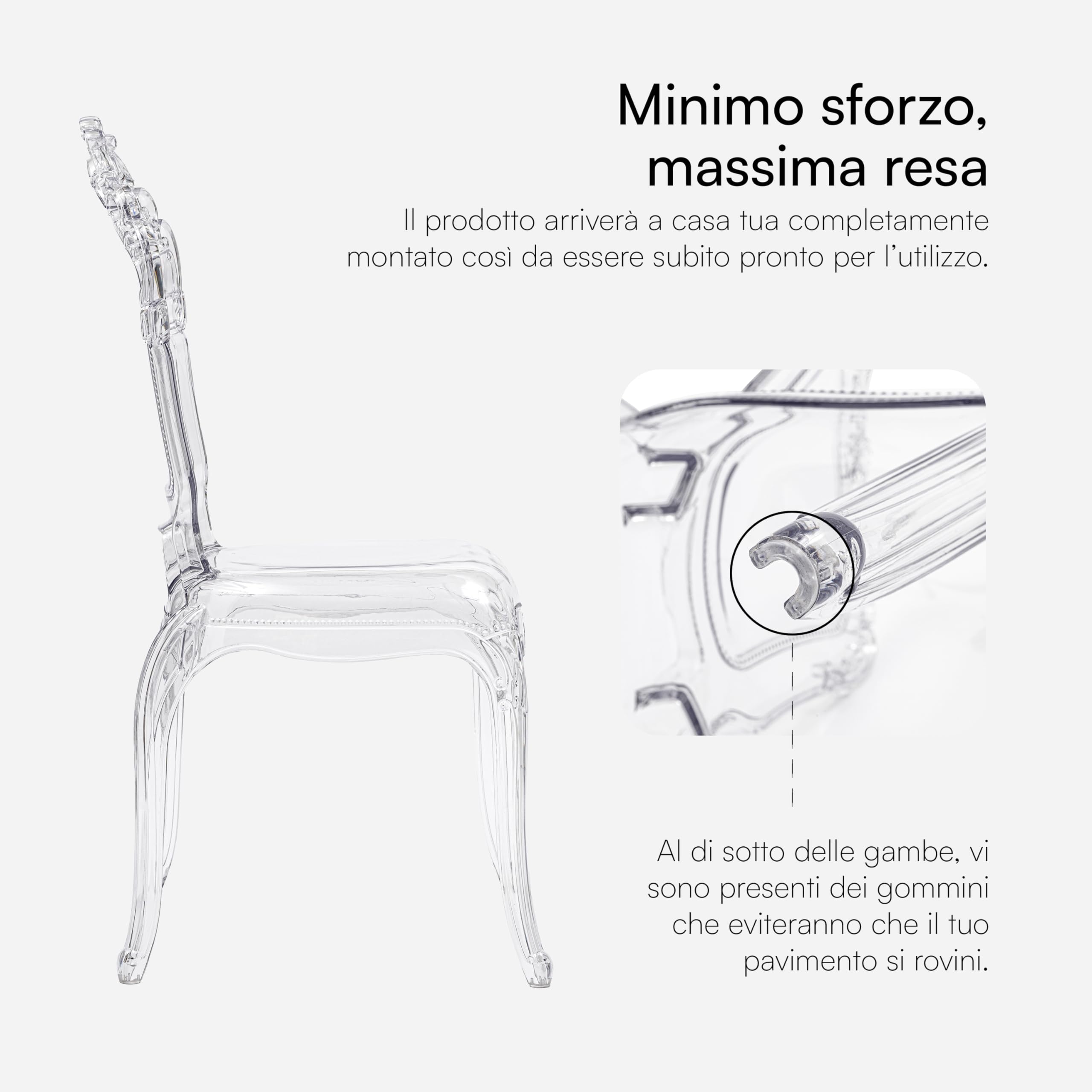 Baroni Home sedia barocca trasparente 4 pezzi policarbonato