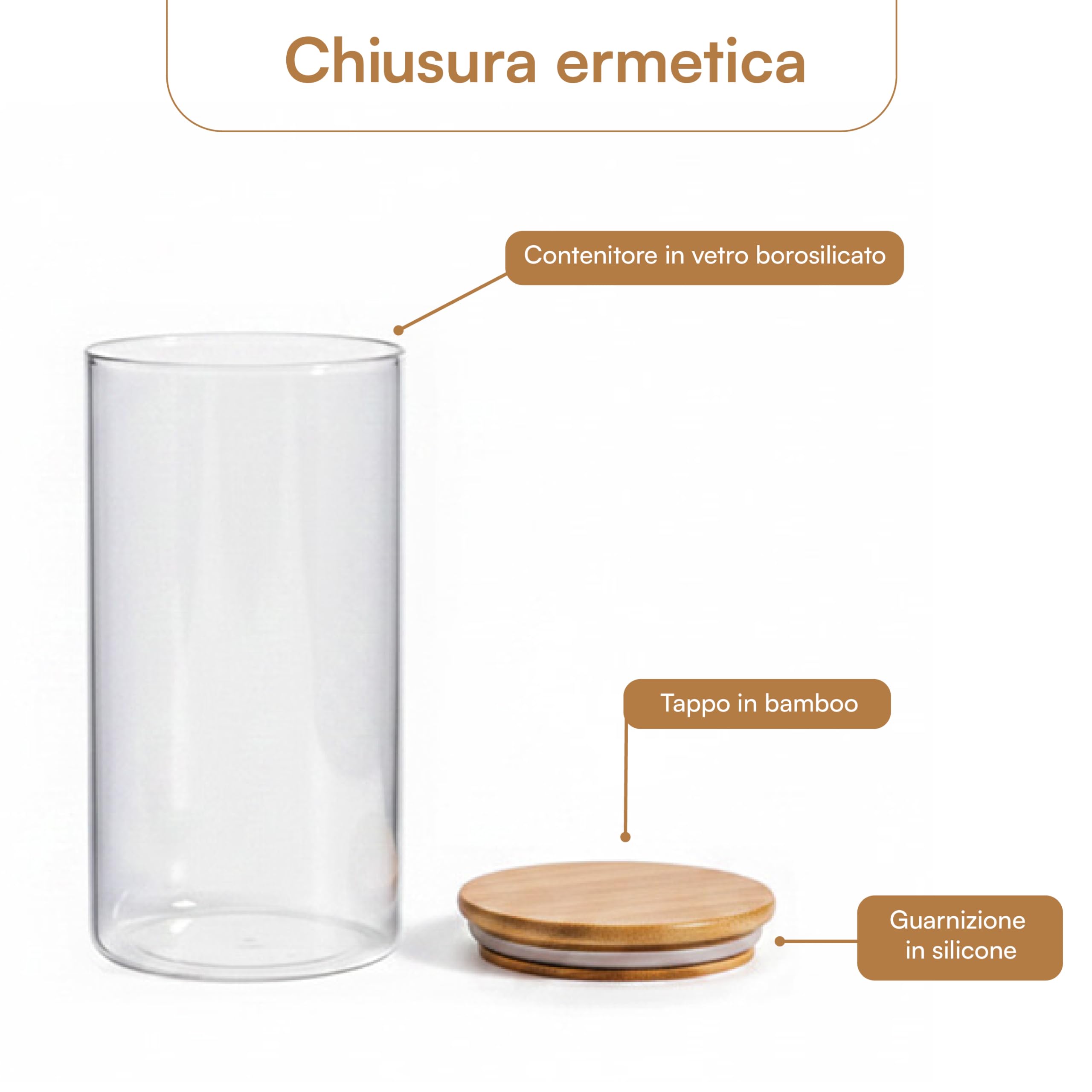 Baroni Home Set 4 Barattoli Vetro 1,2 L con Tappo Bamboo 20 cm