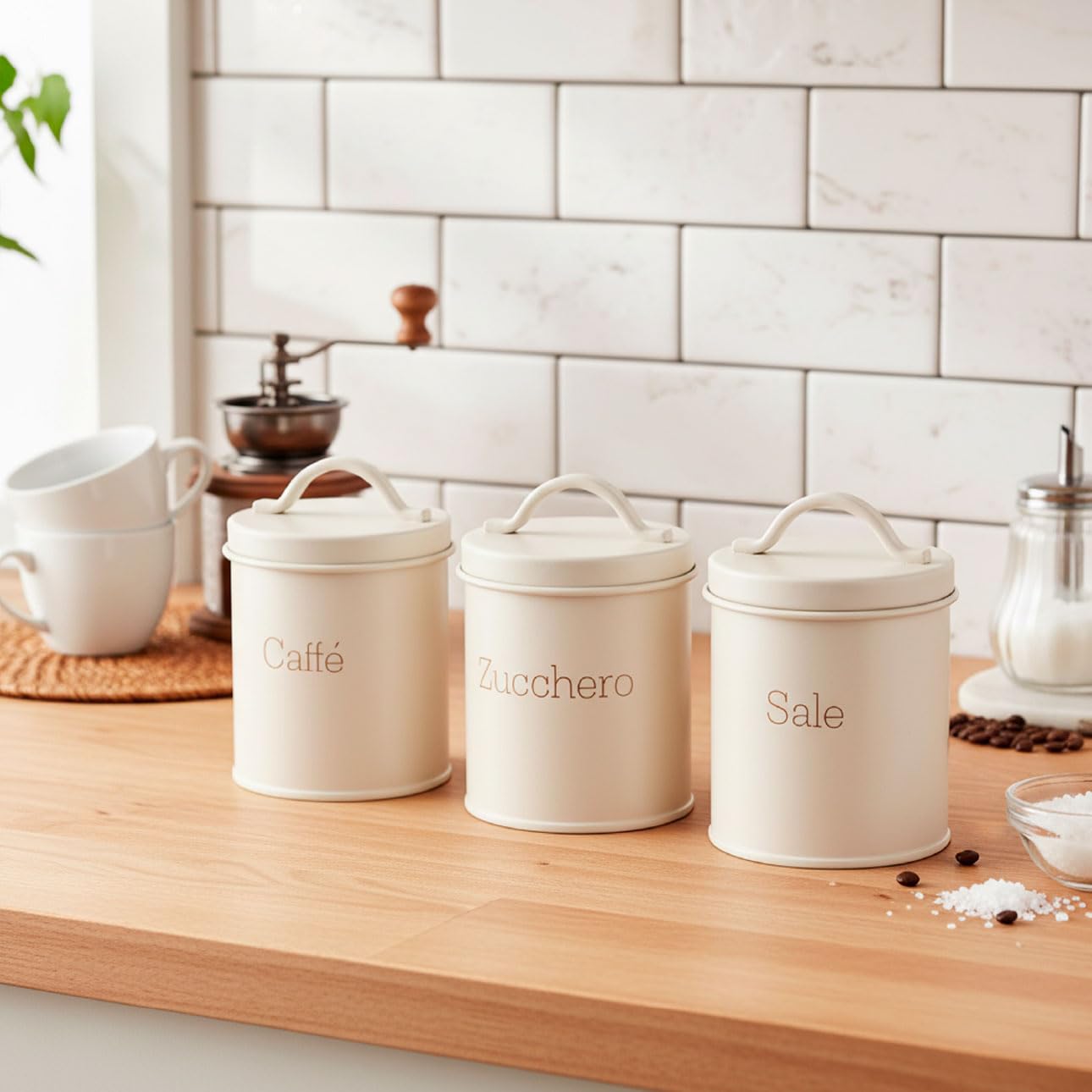 Baroni Home Set 3 Barattoli Cucina Metallo Beige 8x8x9 cm