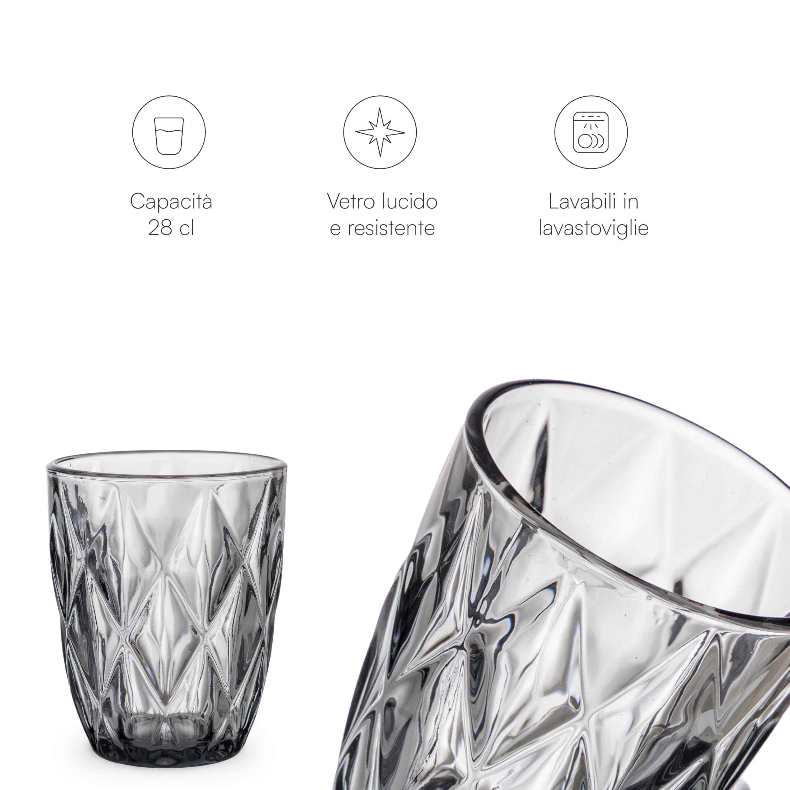 Baroni Home Set 6 Bicchieri Vetro Fumè Diamante 28 CL