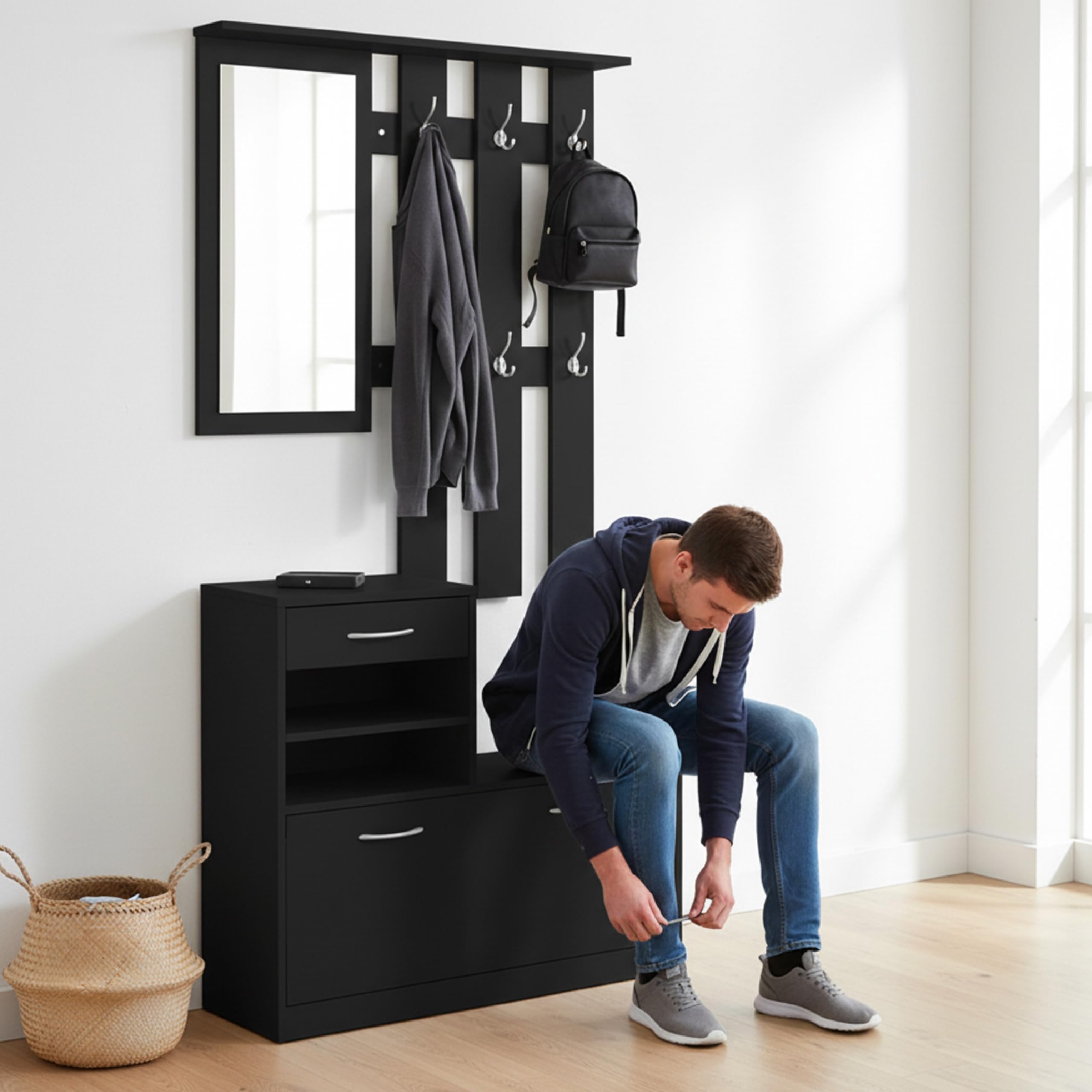Baroni Home Mobile Ingresso 3 Pezzi Scarpiera Nero 6 Ganci