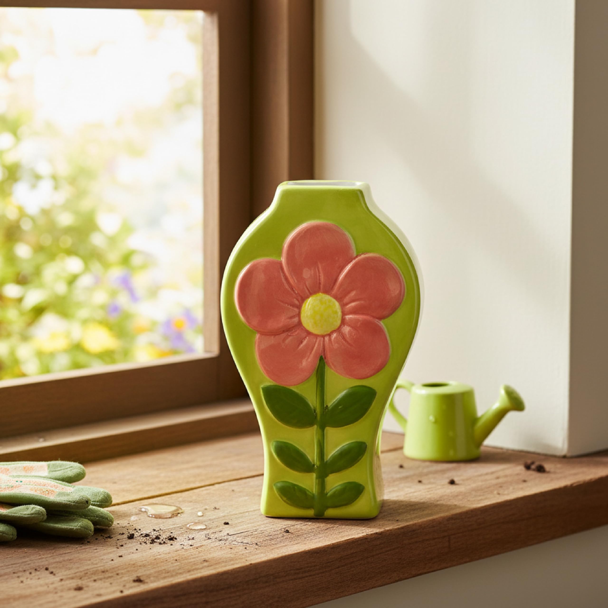 Baroni Home Vaso Ceramica Verde Fiore Arancione 12x6x18,5 cm