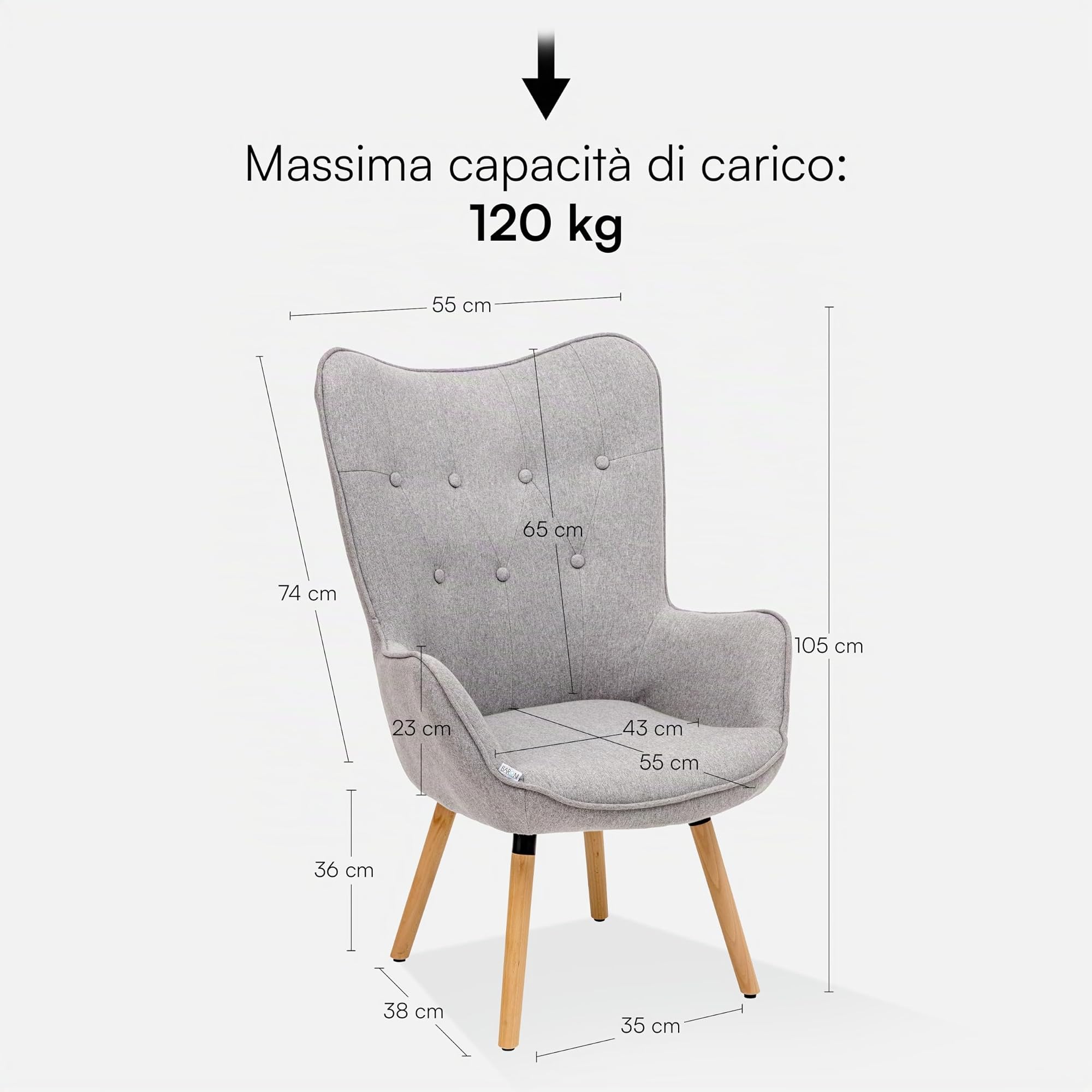 Baroni Home Poltrona Grigia 65x38x105 cm Schienale Alto