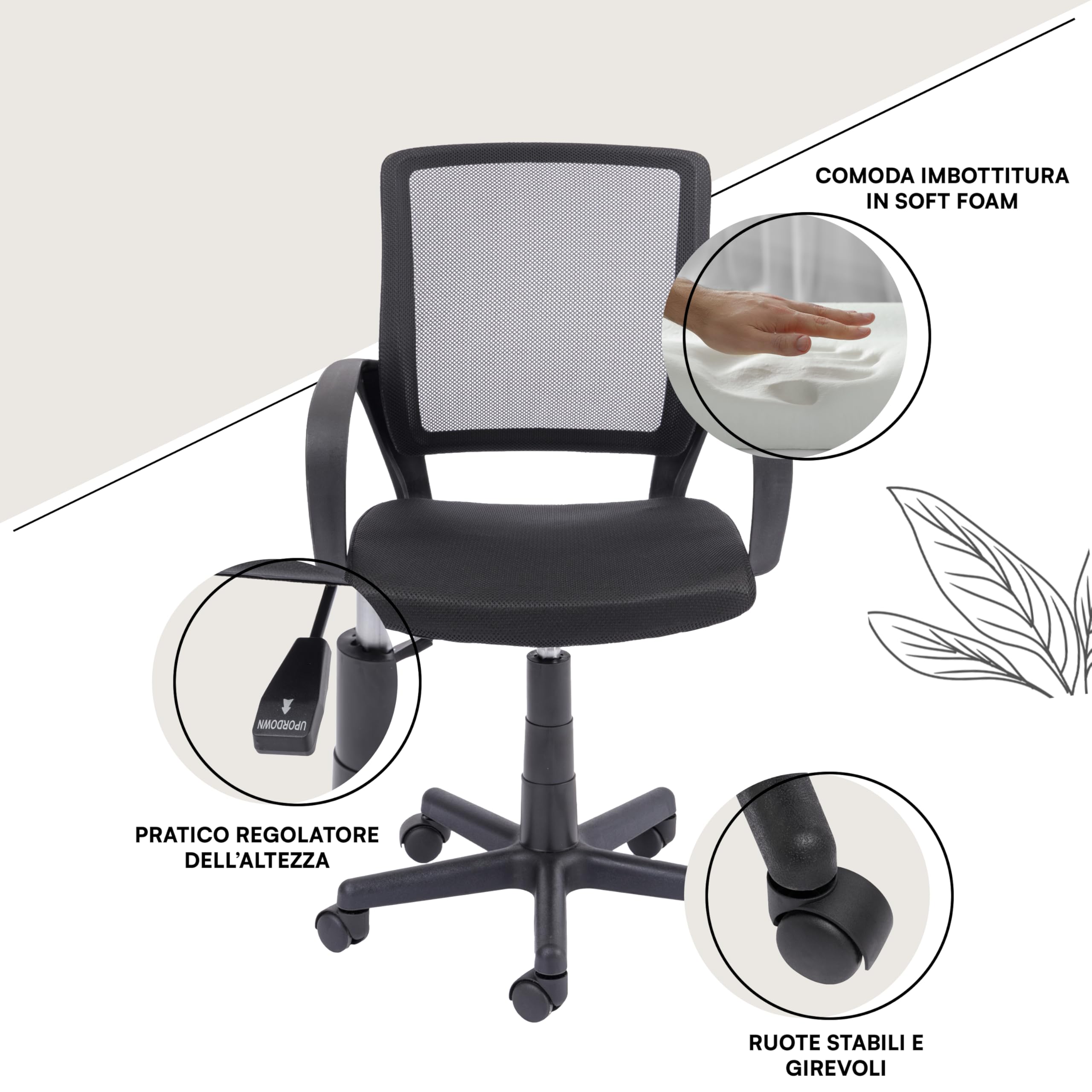 Baroni Home Sedia Ufficio Nera Ergonomica 55x48x91 cm