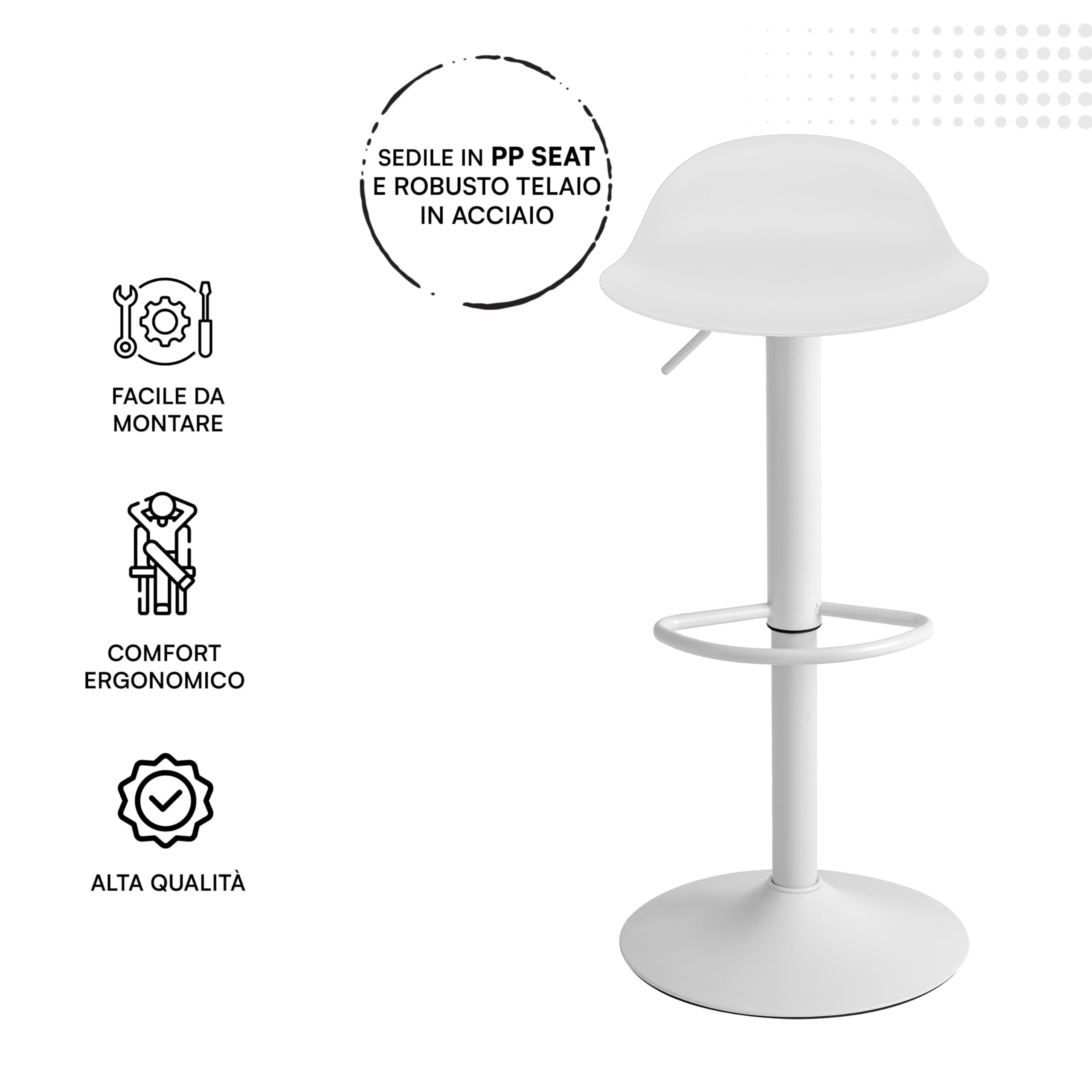 Baroni Home Set 2 Sgabelli Girevoli Bianchi Altezza Regolabile