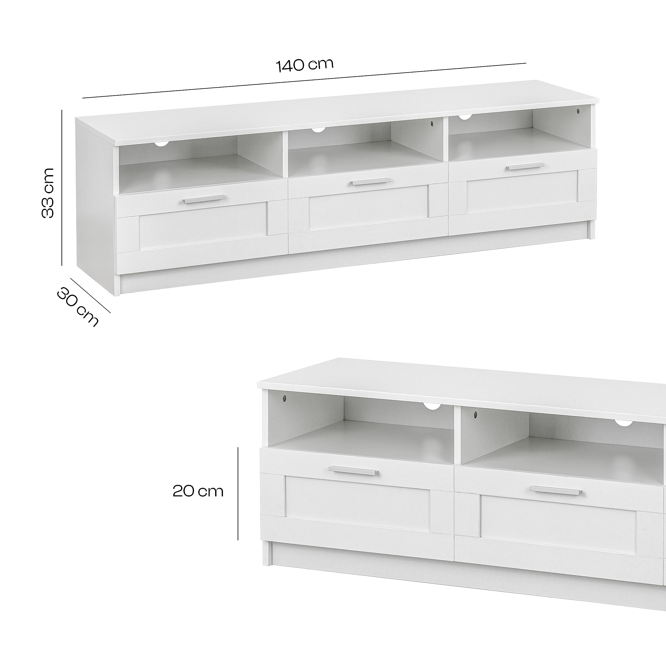 Baroni Home Mobile TV Bianco 3 Cassetti 140x33x30 cm
