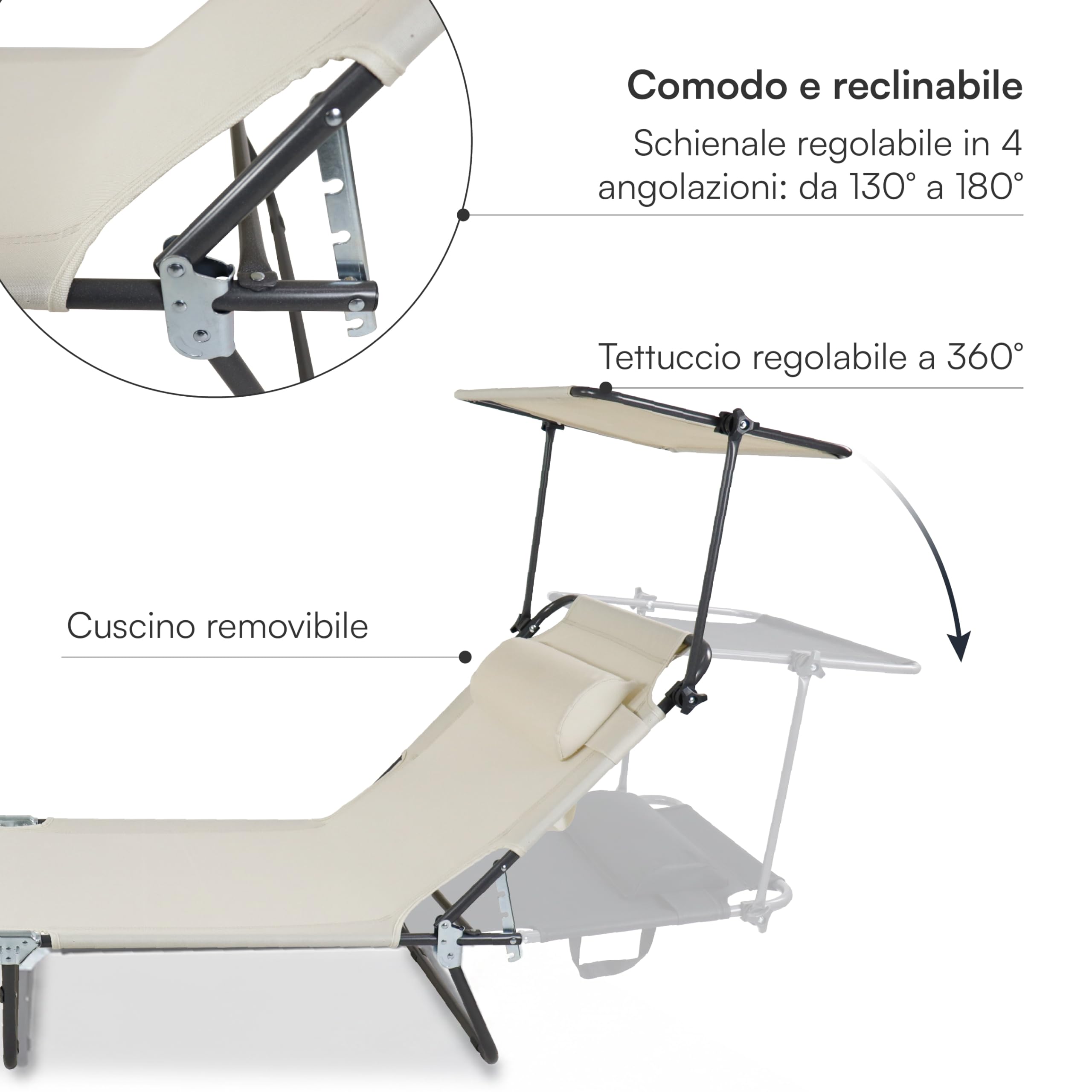 Baroni Home sdraio pieghevole panna 186x55x24 cm parasole