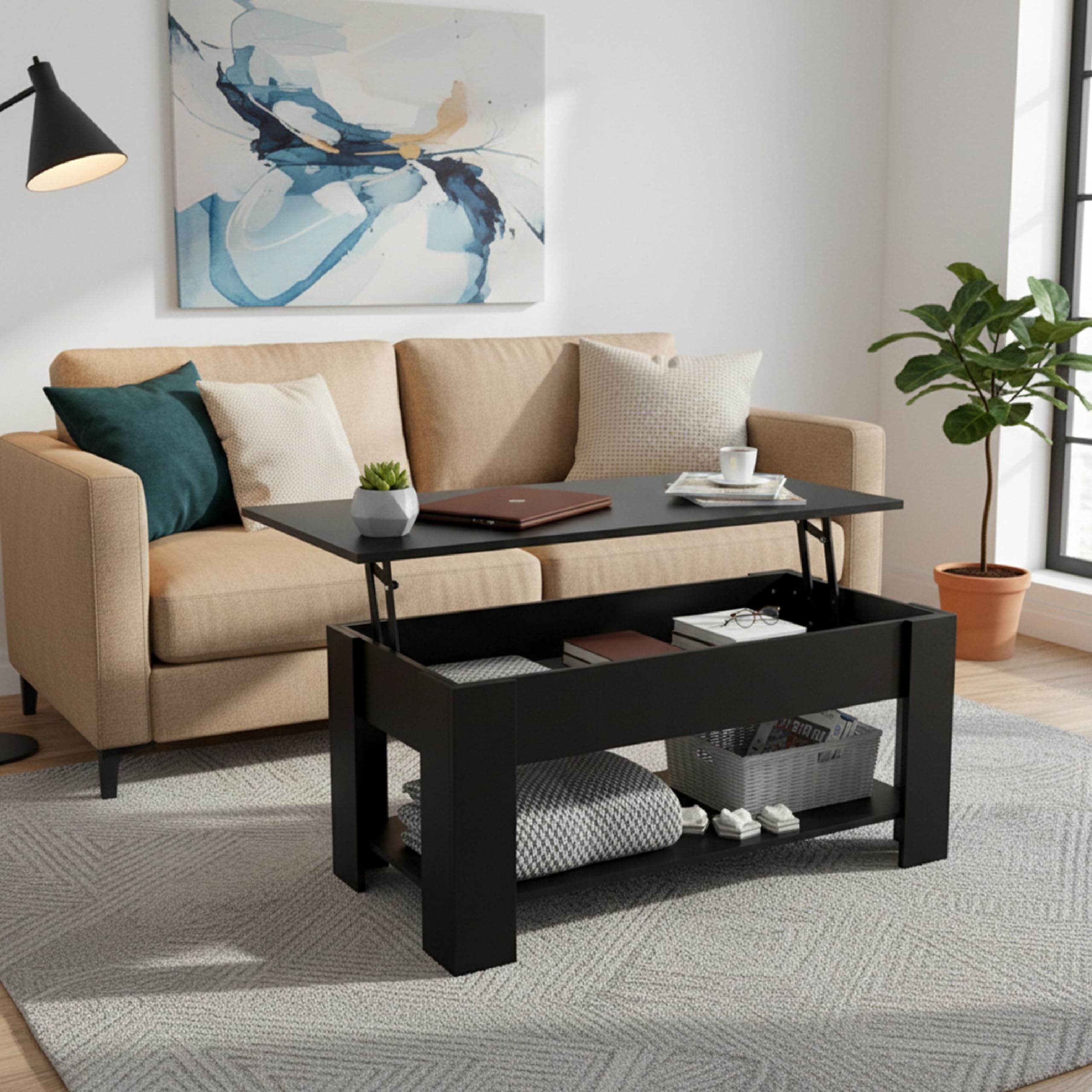 Baroni Home Tavolino da caffè piano sollevabile nero 100 cm