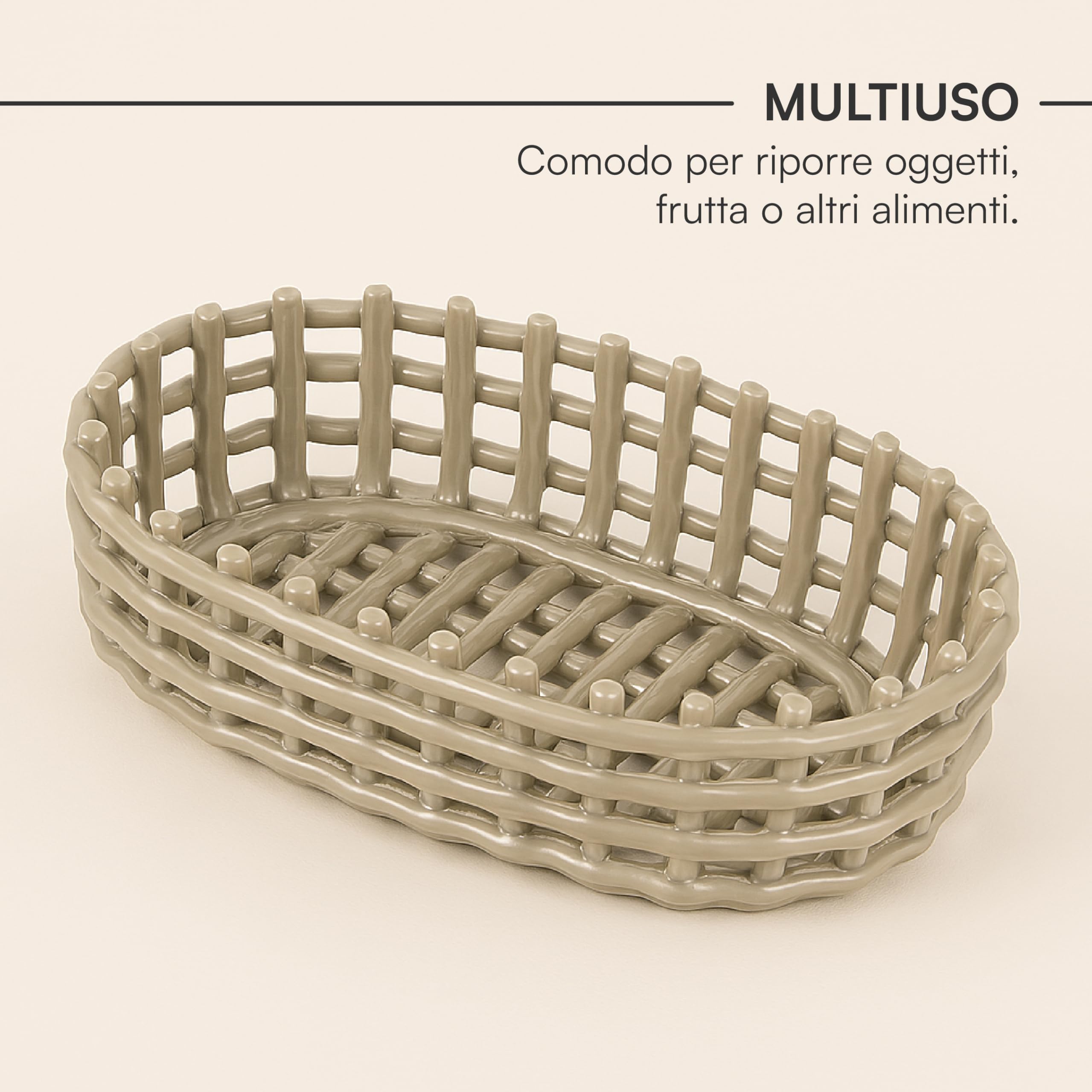 Baroni Home cestino ceramica intrecciato ovale tortora