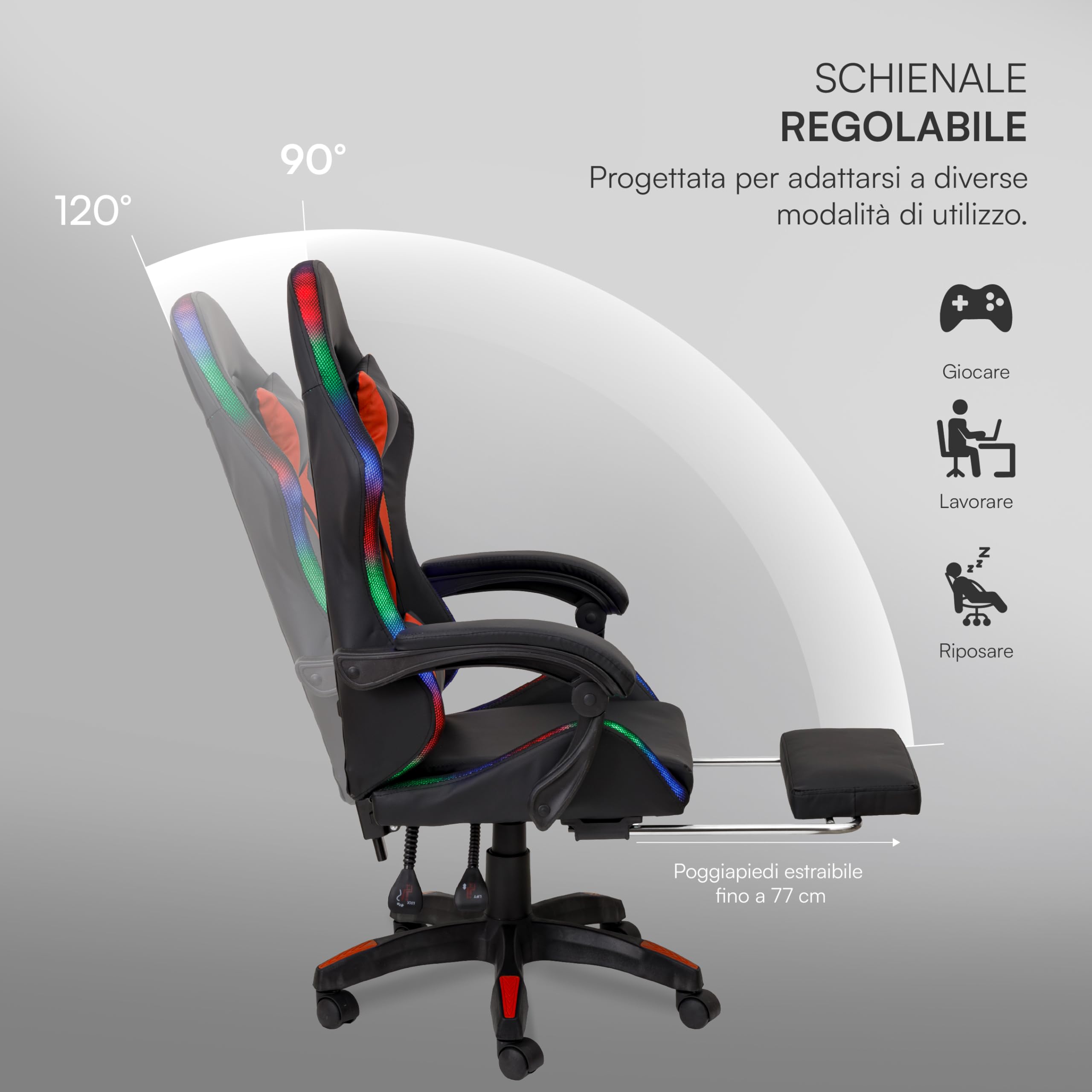 Baroni Home sedia gaming rossa con LED e poggiapiedi