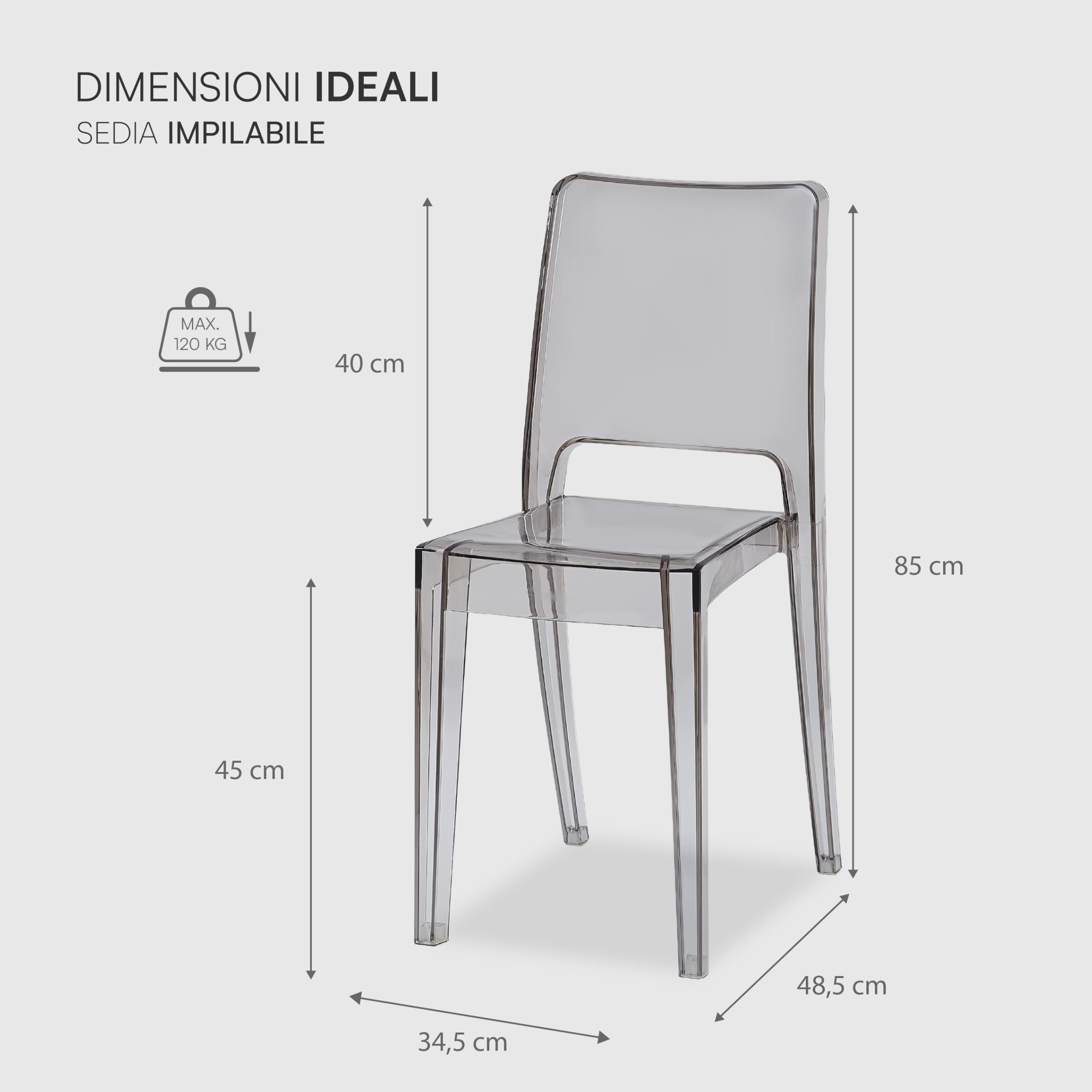 Baroni Home Set 4 Sedie Trasparenti Impilabili Fumè
