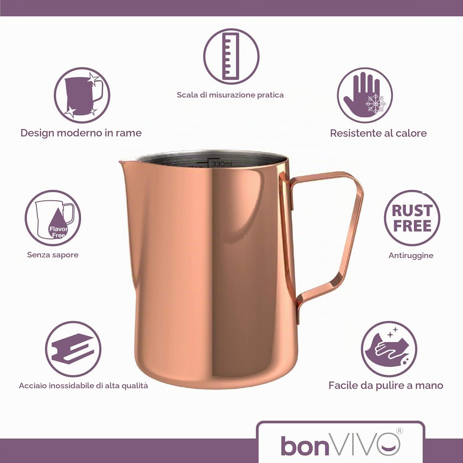 bonVIVO Muvo Lattiera Acciaio Inox 330 ml Argento Graduata