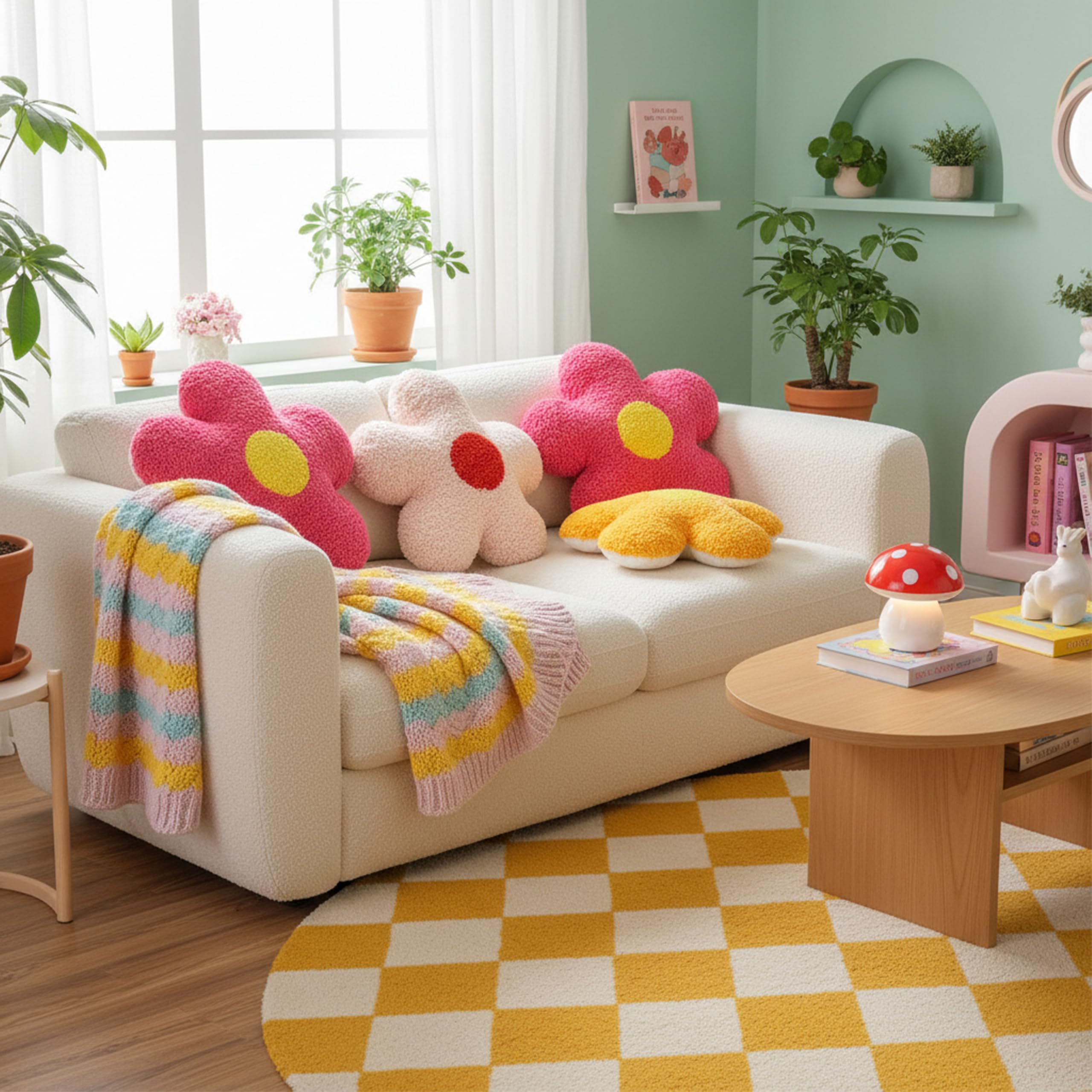 Baroni Home Set 3 Cuscini Fiori Teddy 36x36 cm rosa giallo bianco