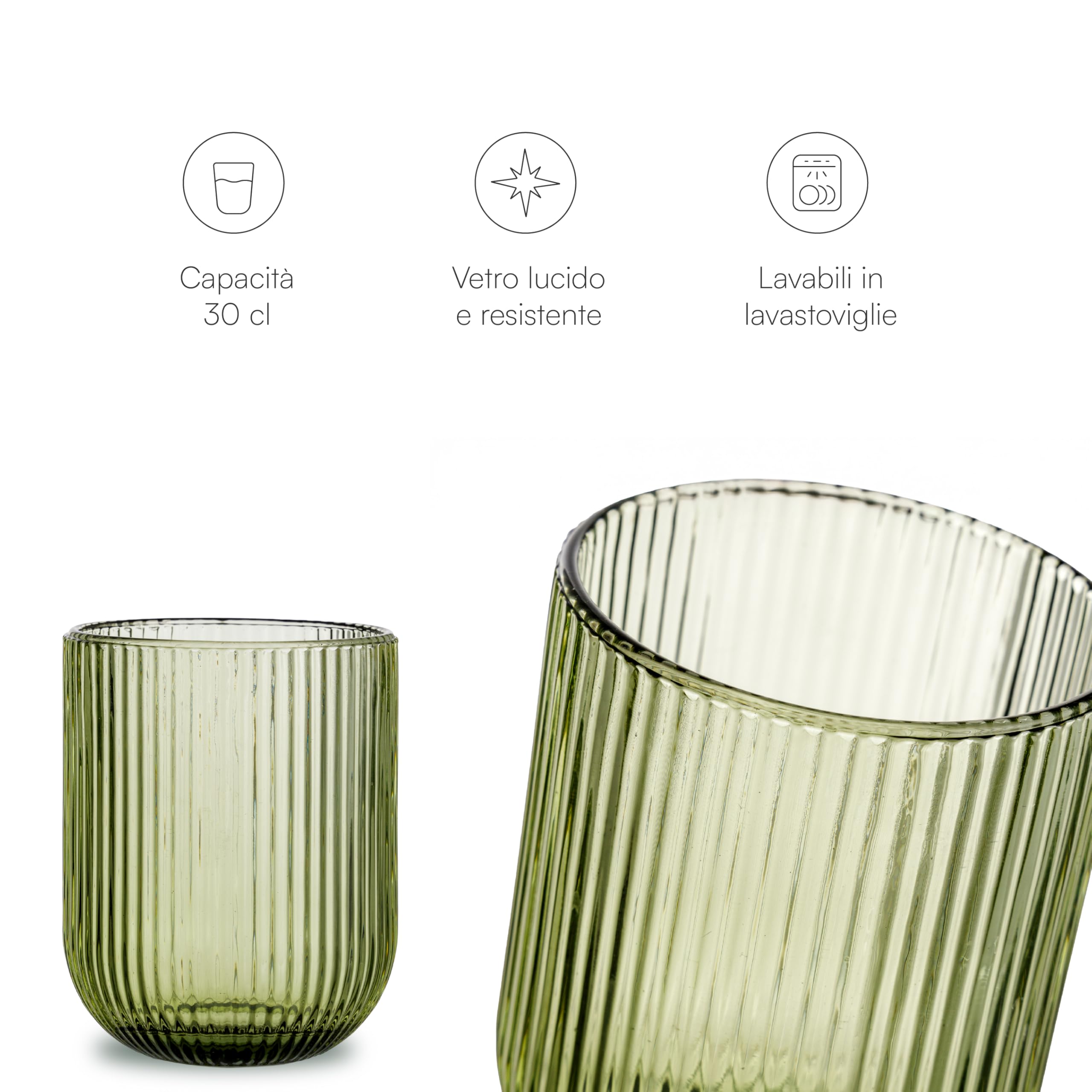 Baroni Home Set 6 Bicchieri Vetro Verde Righe 30 CL 8x8x10