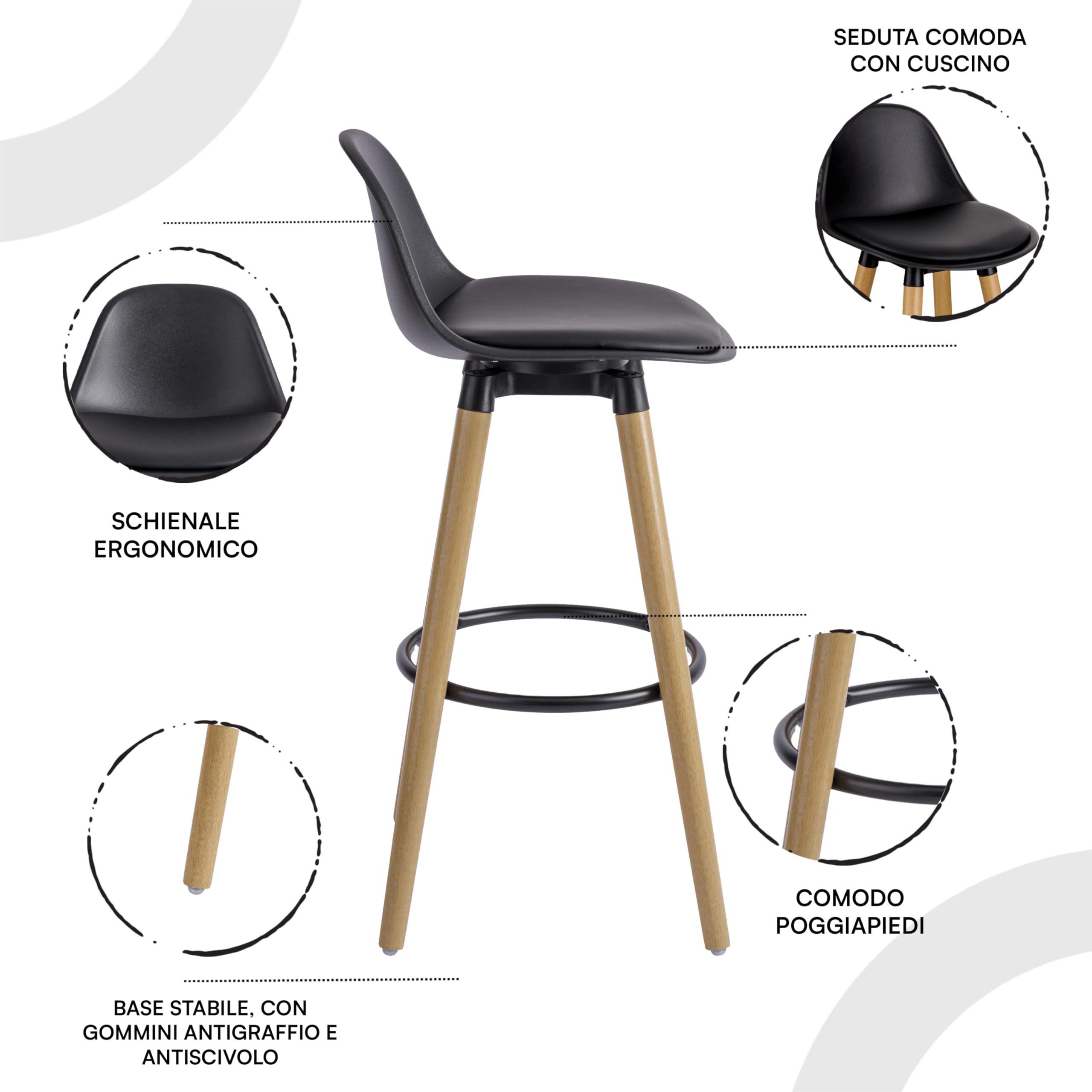 Baroni Home sgabello nero 2 pezzi schienale