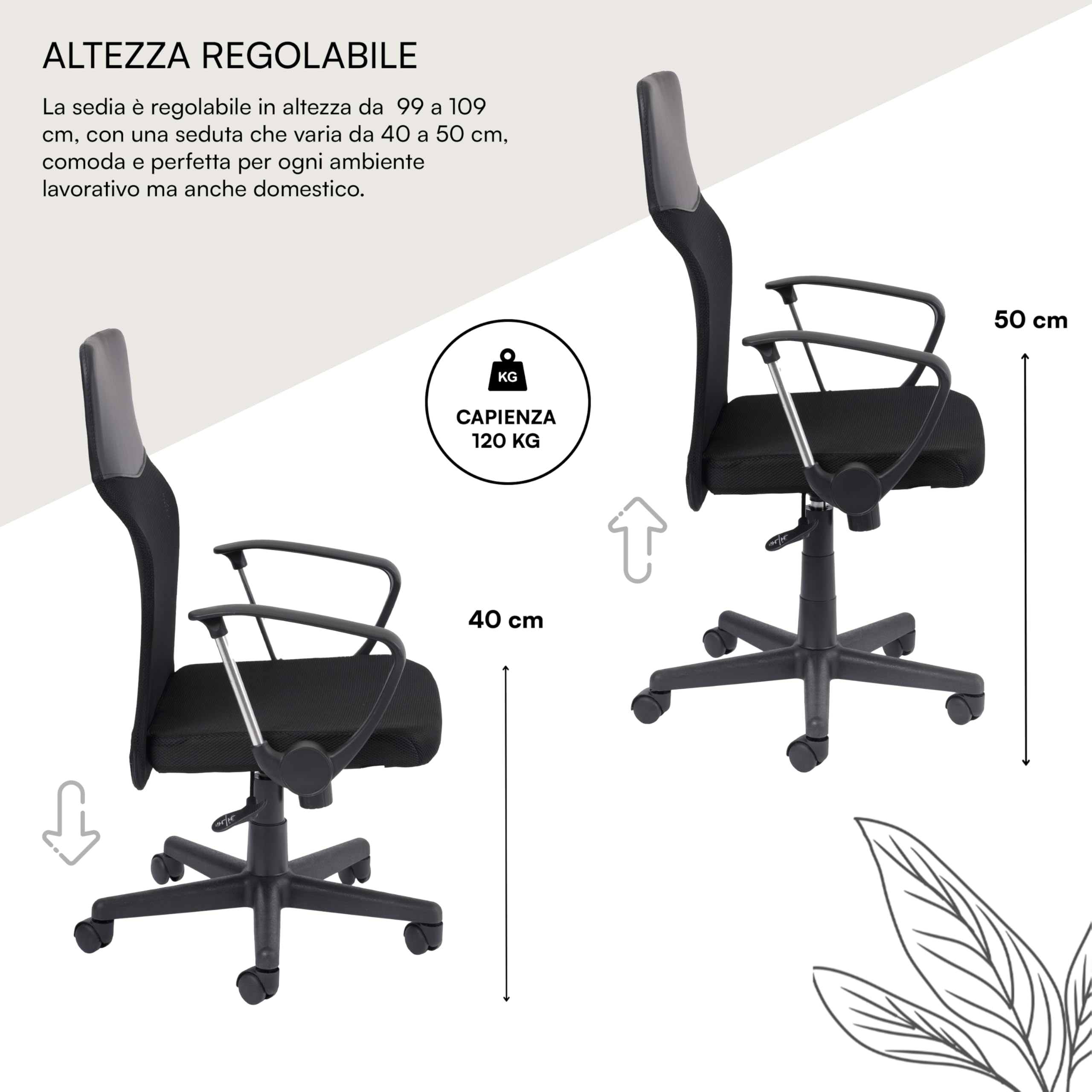 Baroni Home Sedia Ufficio Nera Ecopelle 47x47x109 cm