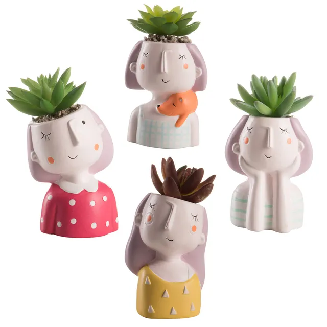 Baroni Set 4 Vasetti Testa Ceramica con Piantina 8x7x14 cm