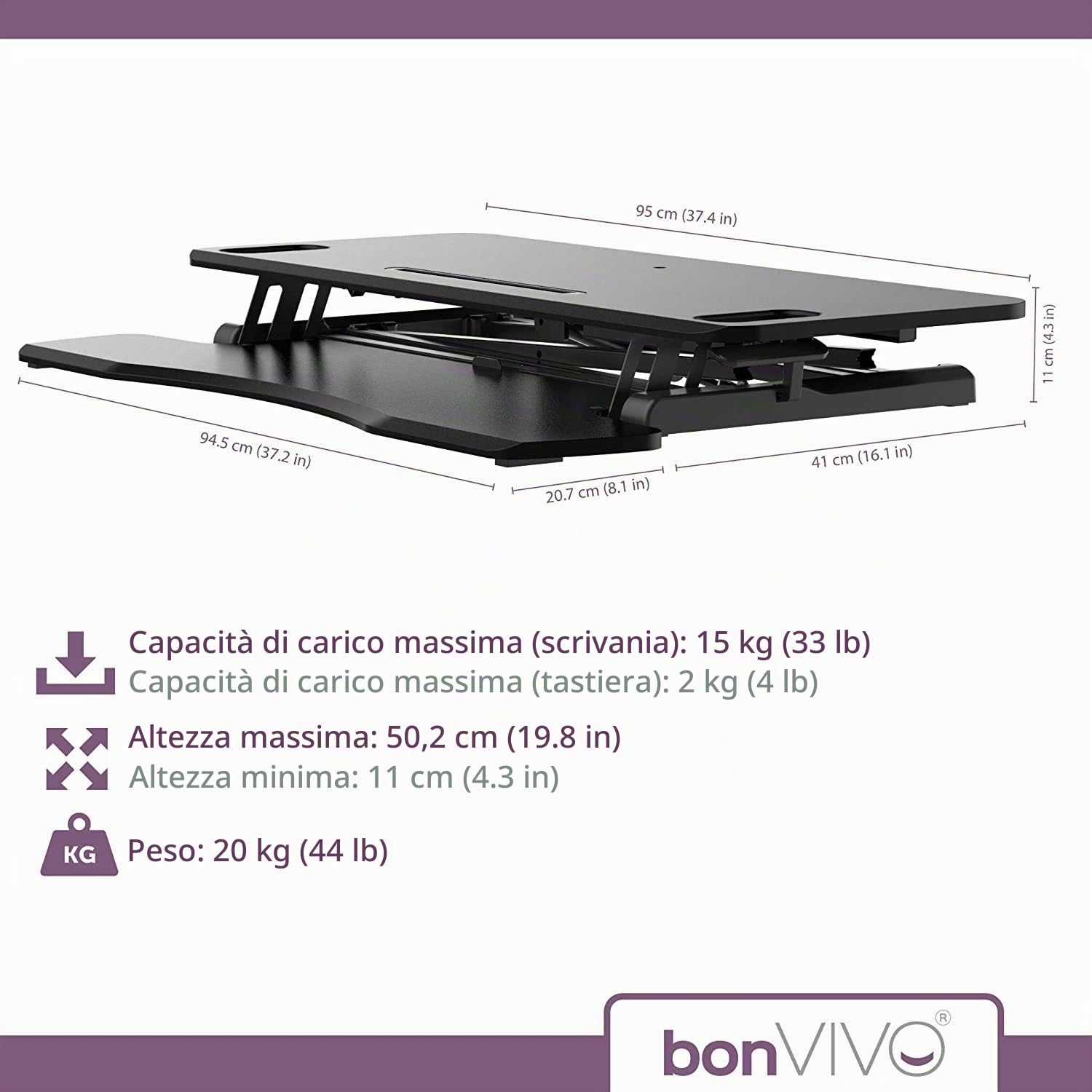 bonVIVO Scrivania Regolabile Sit Stand Nera da PC Ufficio