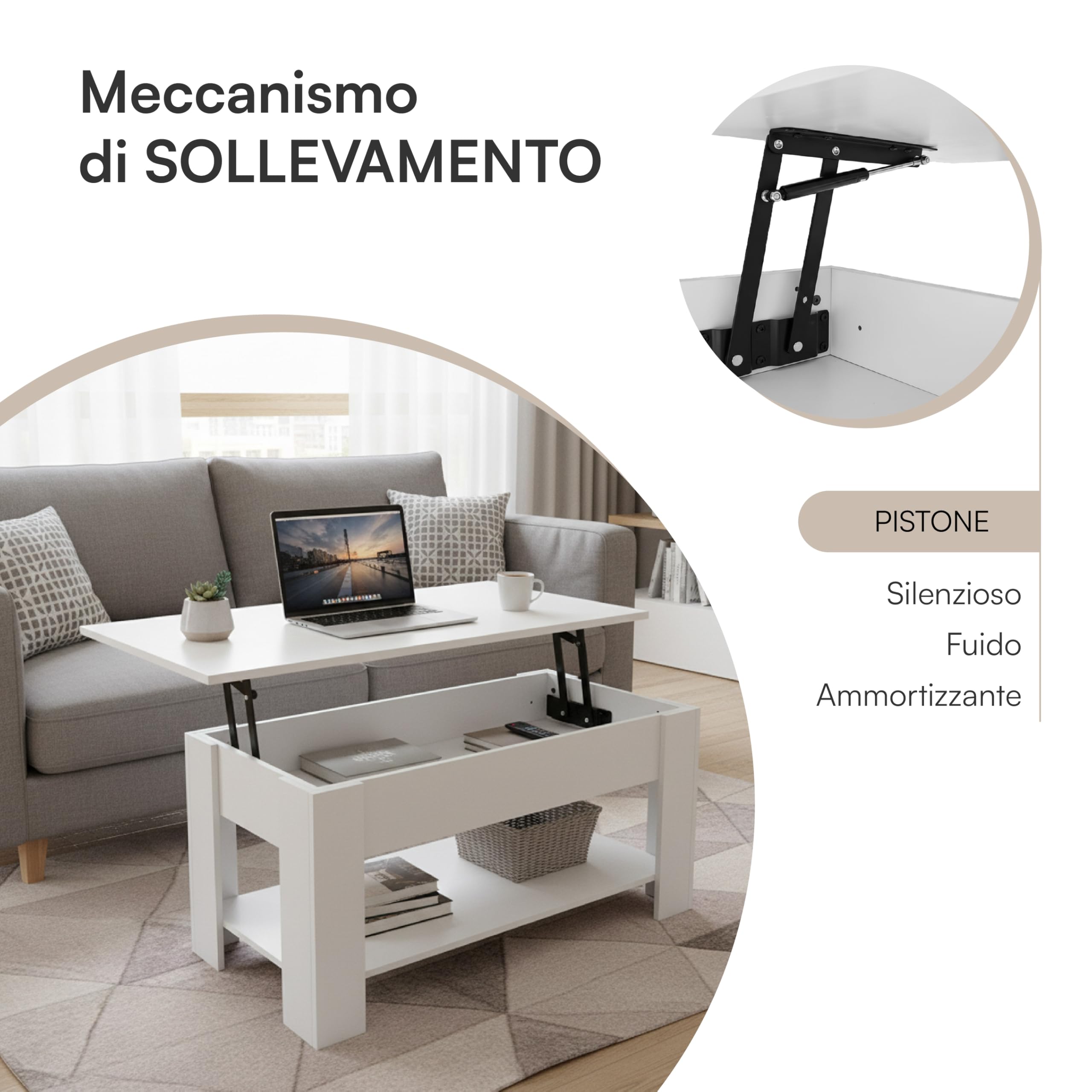 Baroni Home Tavolino da caffè piano sollevabile nero 100 cm