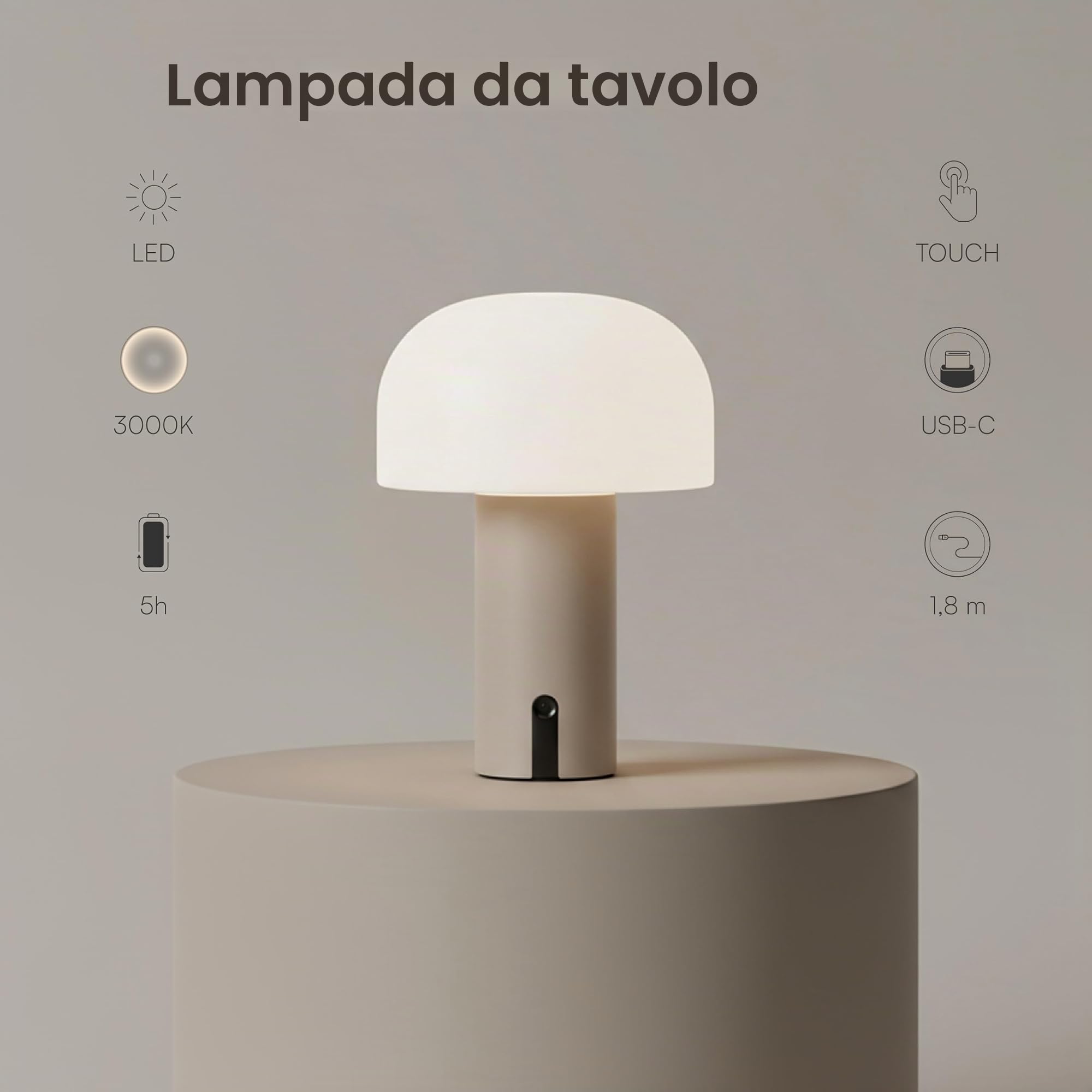 Baroni Home Lampada LED Fungo Senza Fili Tortora 22 cm Ricaricabile