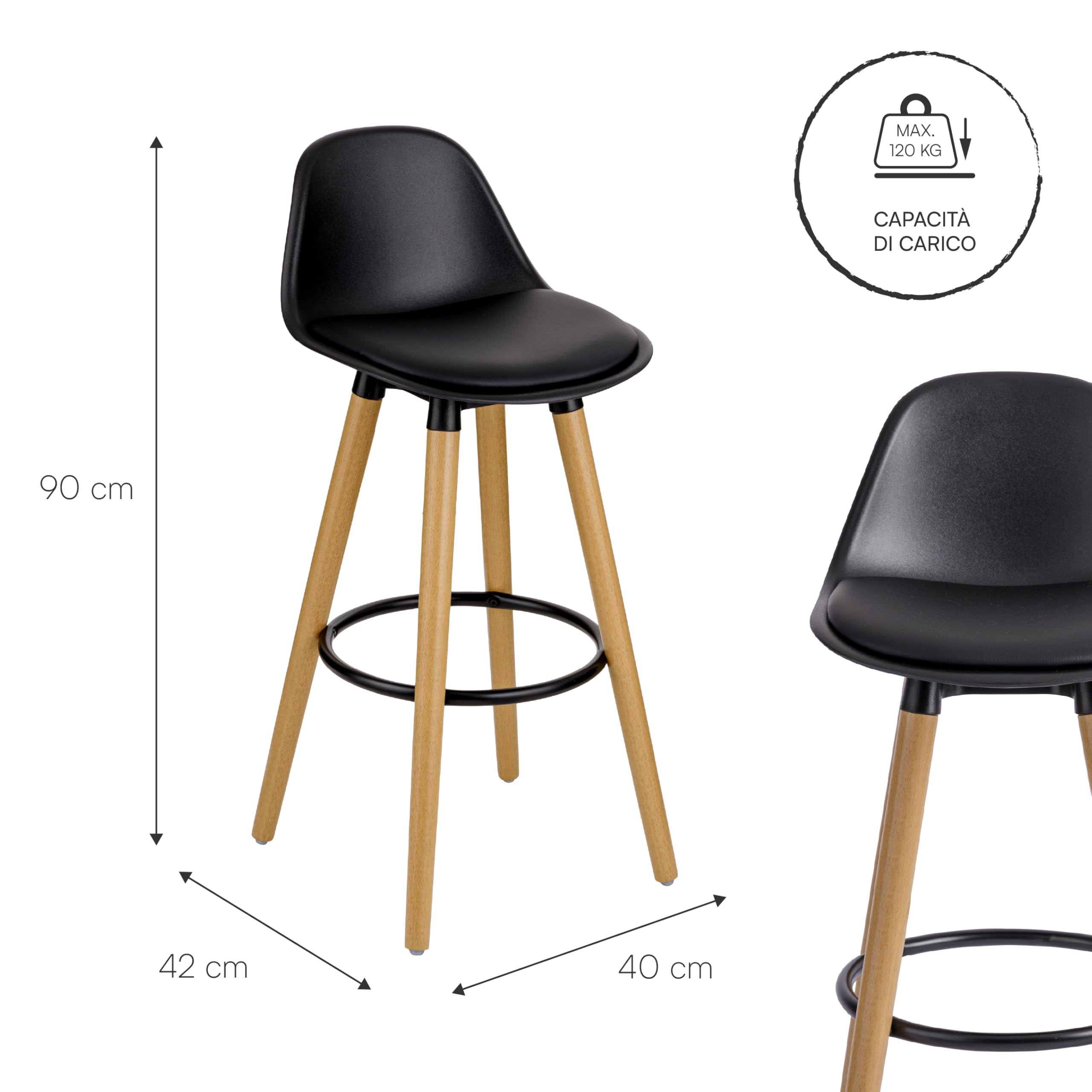 Baroni Home sgabello nero 2 pezzi schienale