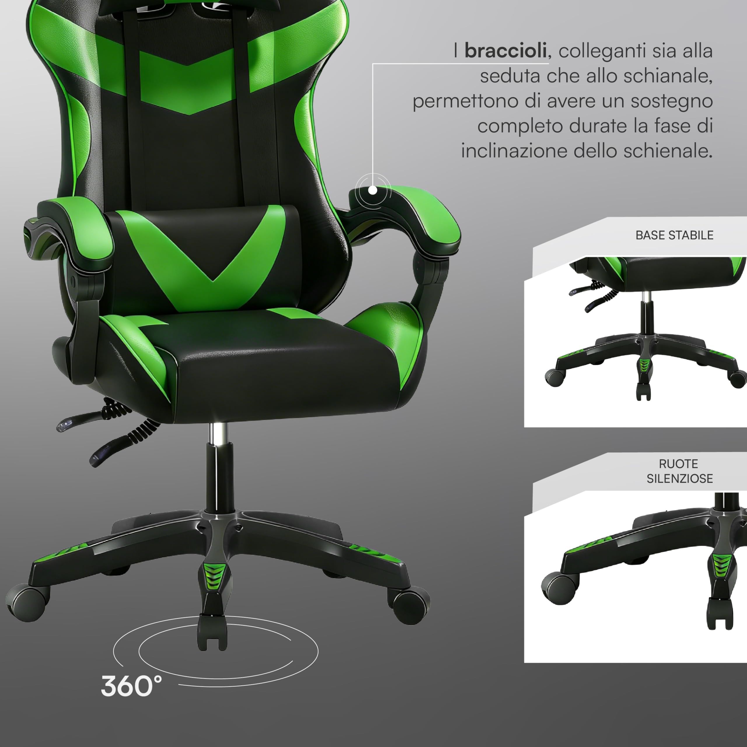 Baroni Home sedia gaming nera e verde reclinabile similpelle