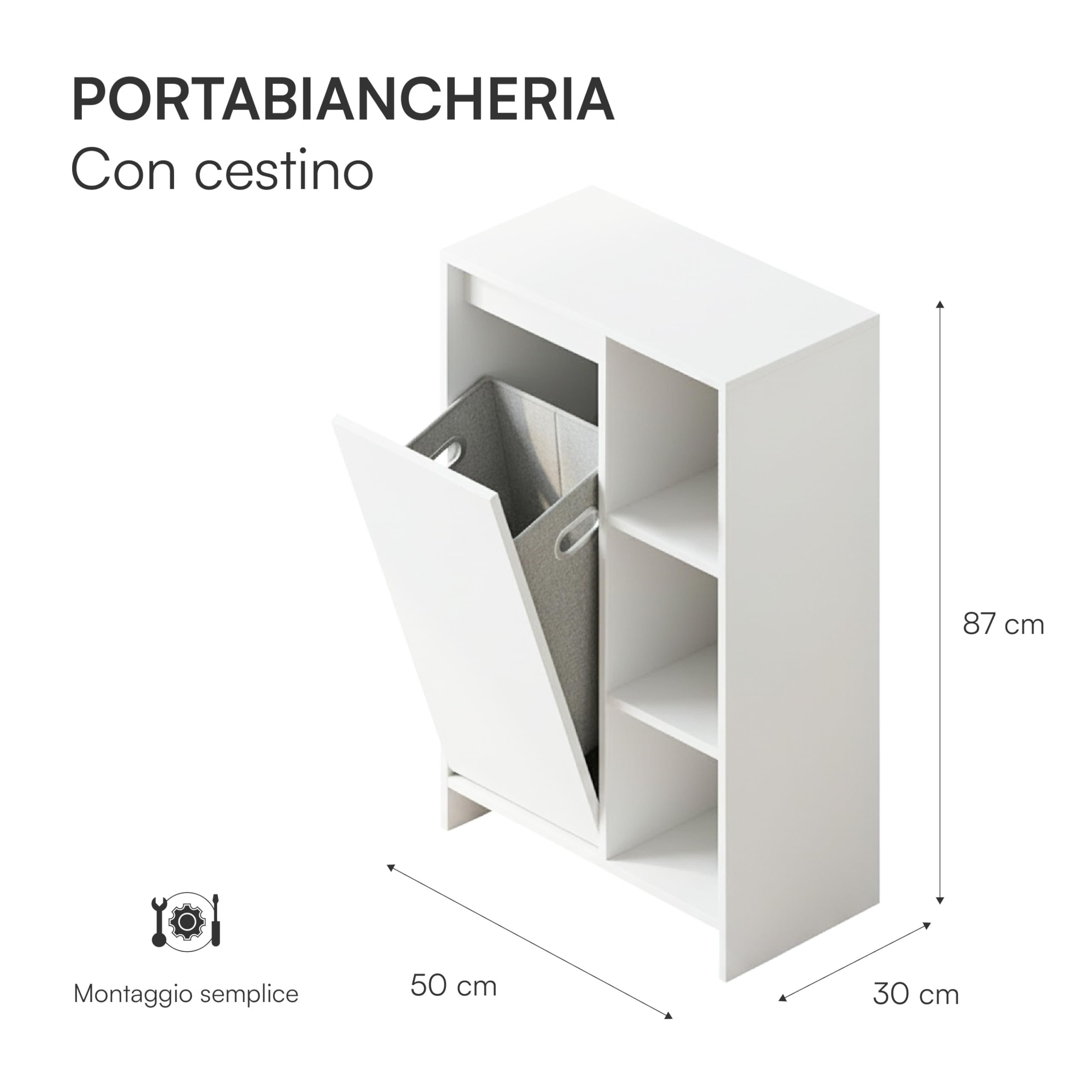 Baroni Home Mobile Portabiancheria Bianco con Cesto 50x30x87 cm