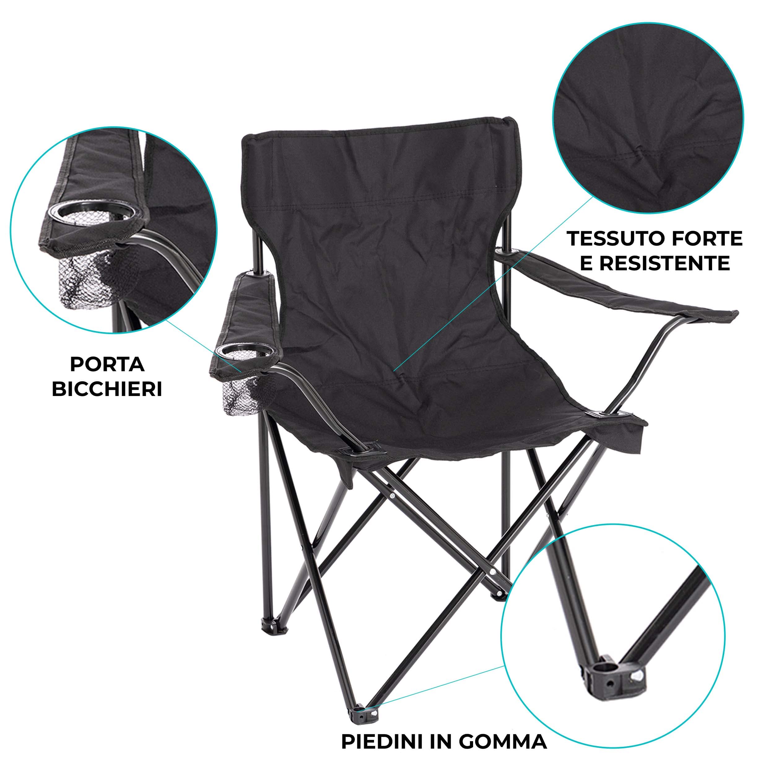 Baroni Home Sedia Campeggio Set 2 Nero Pieghevole 50x50x80