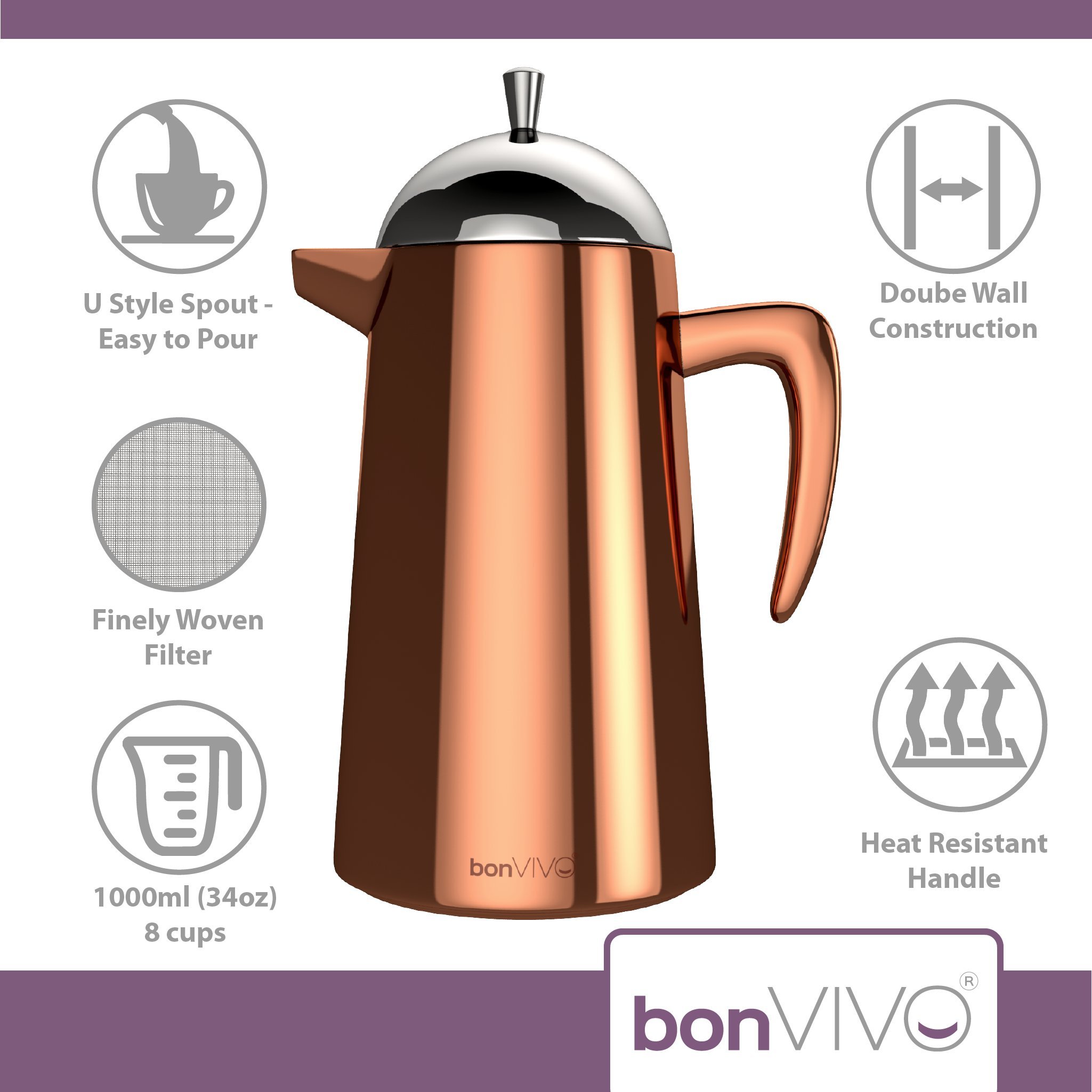 bonVIVO Aromo Caffettiera French Press 1000 ml Acciaio Inox