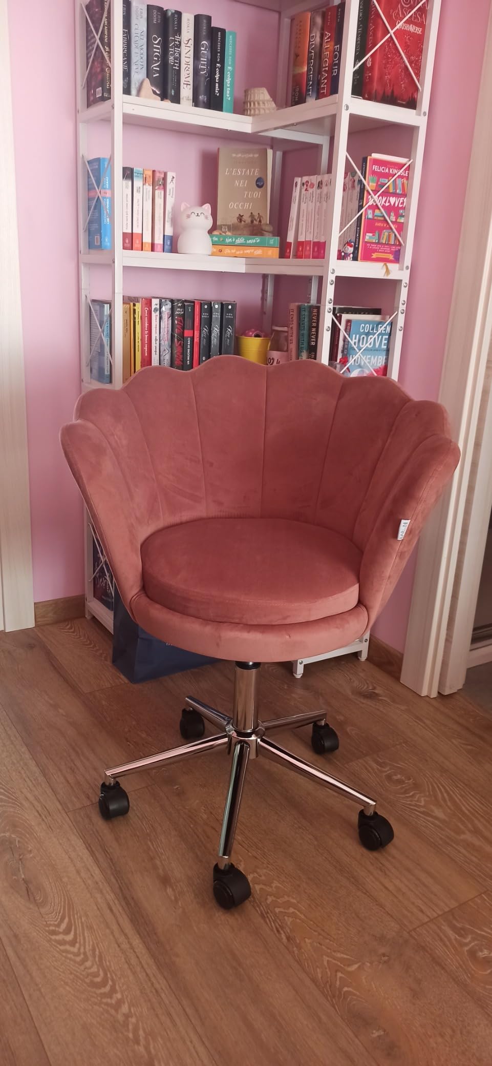 Baroni Home Poltrona Velluto Rosa Cipria con Ruote 69cm