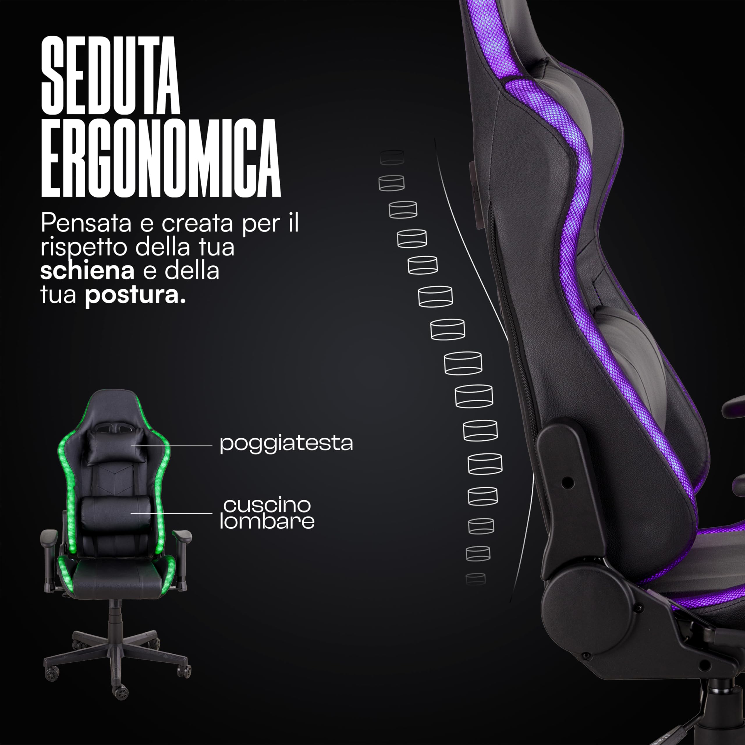 Baroni Home Sedia Gaming LED Nera Reclinabile 180°