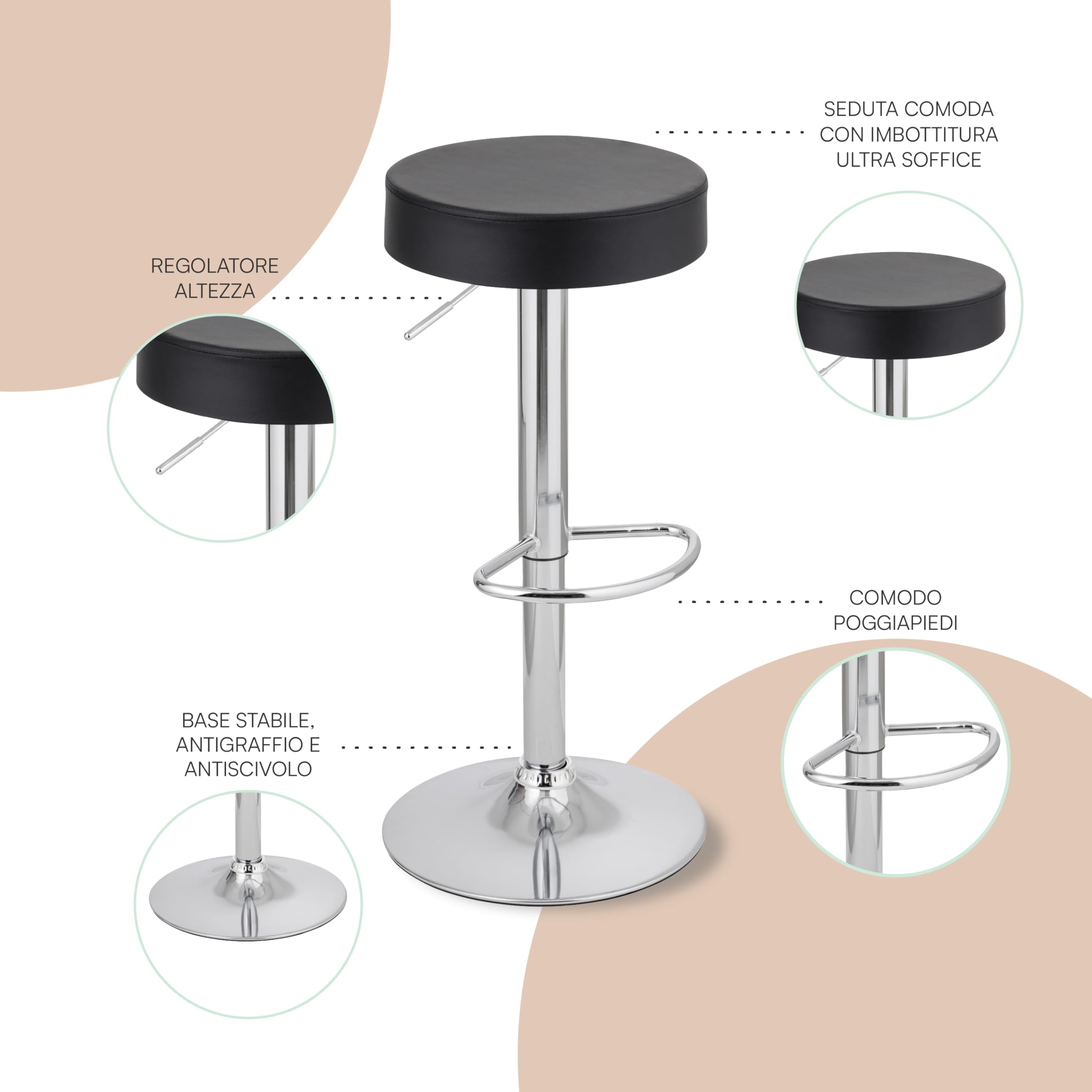 Baroni Home Sgabello Bar Girevole Nero 59-79 cm 1 Pezzo