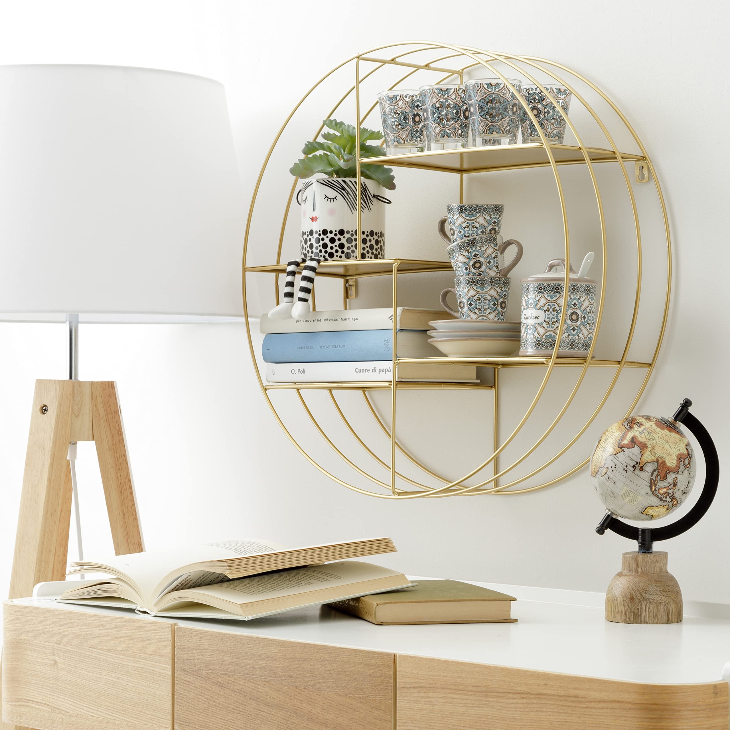 Baroni Home Mensola Muro Rotonda Oro 48x16x48 cm 4 Ripiani