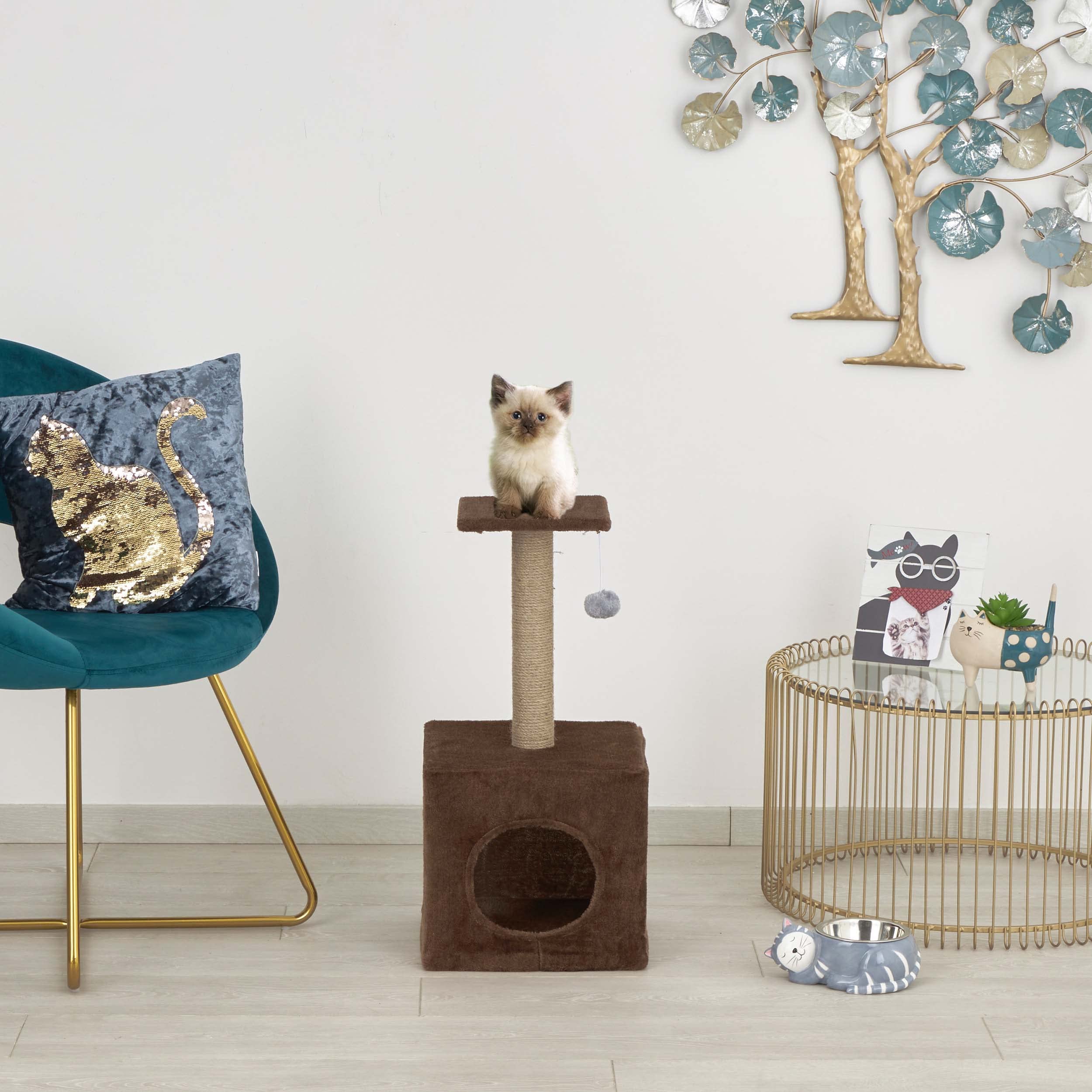 Baroni Home Tiragraffi Gatti 50 cm Marrone con Cuccia