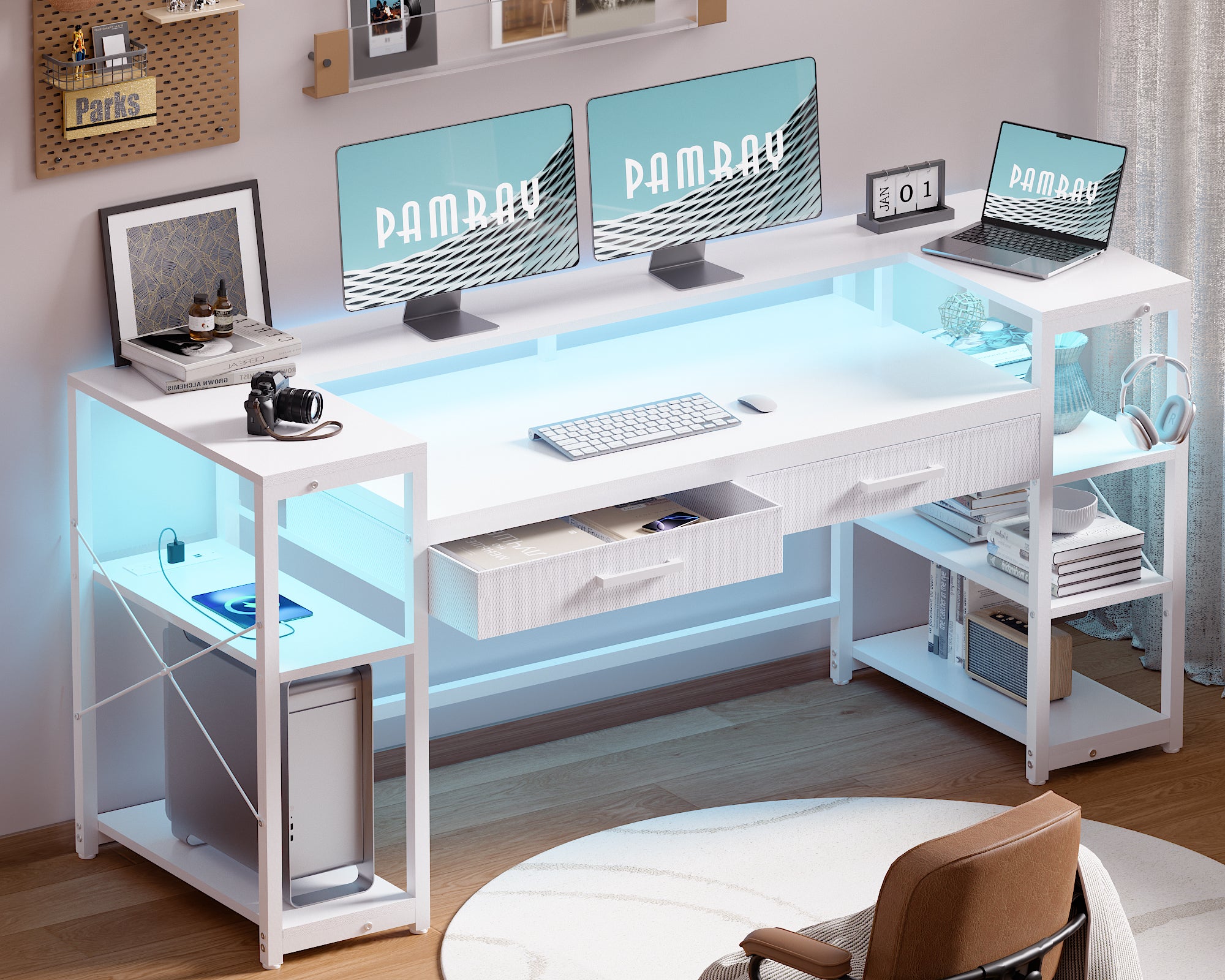 Pamray 58 Pollici Scrivania Gaming Marrone 147 cm con LED