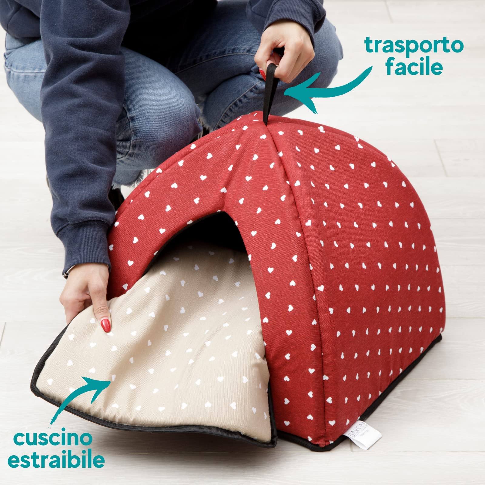 Baroni Home cuccia gatto piramide rossa cuori 40 cm lavabile