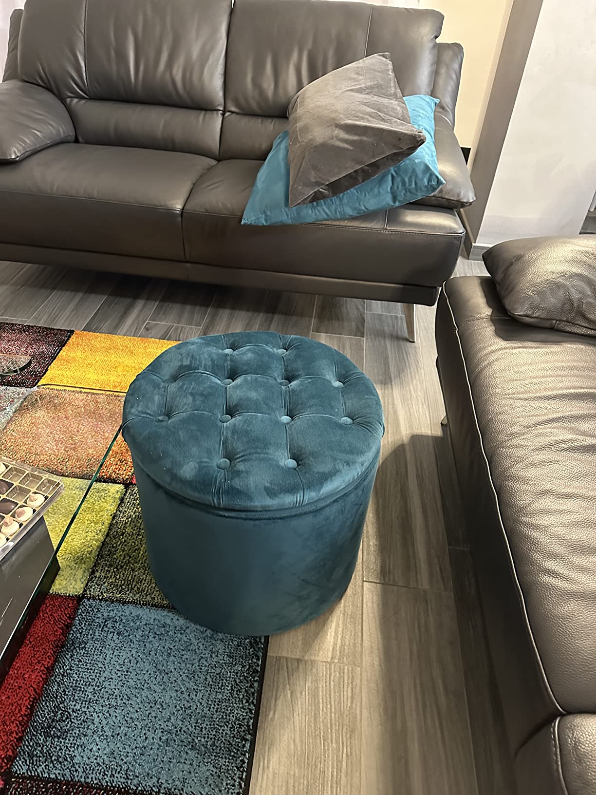 Baroni Home Pouf Contenitore Scarpiera Velluto Turchese Ø50x42 cm
