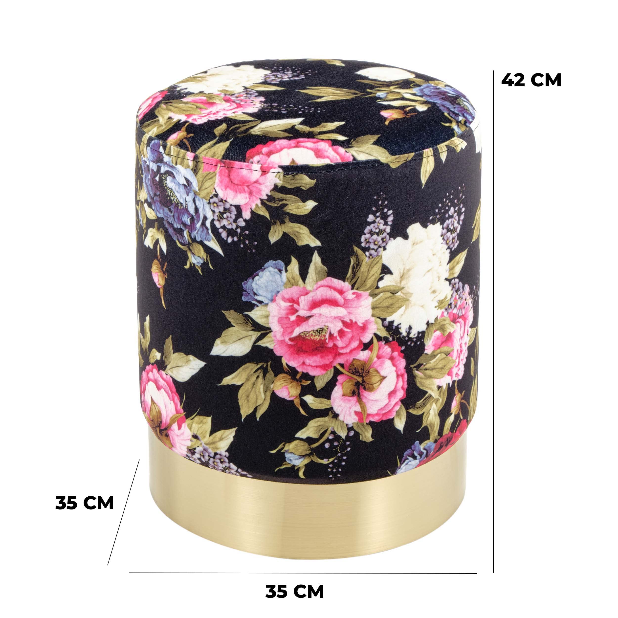 Baroni Home Pouf Cilindrico Velluto Fiori Base Nera