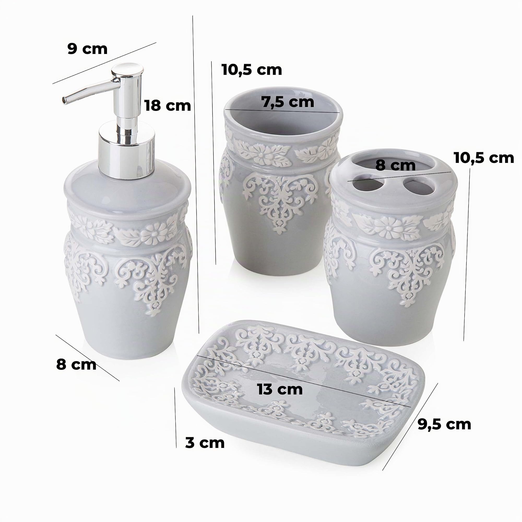 Baroni Home Montemaggi Set Bagno Ceramica 4 Pezzi Grigio